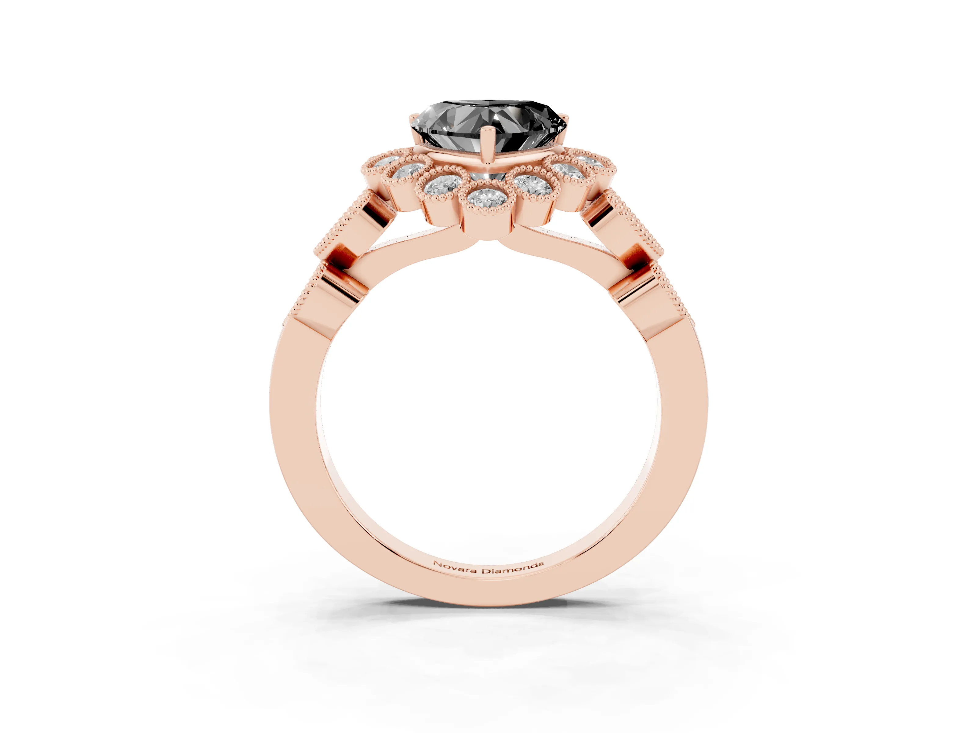 Fancy Black Heart Cut Diamond Solitaire Ring Set in Rose gold with Milgrain Pavé Heart Band