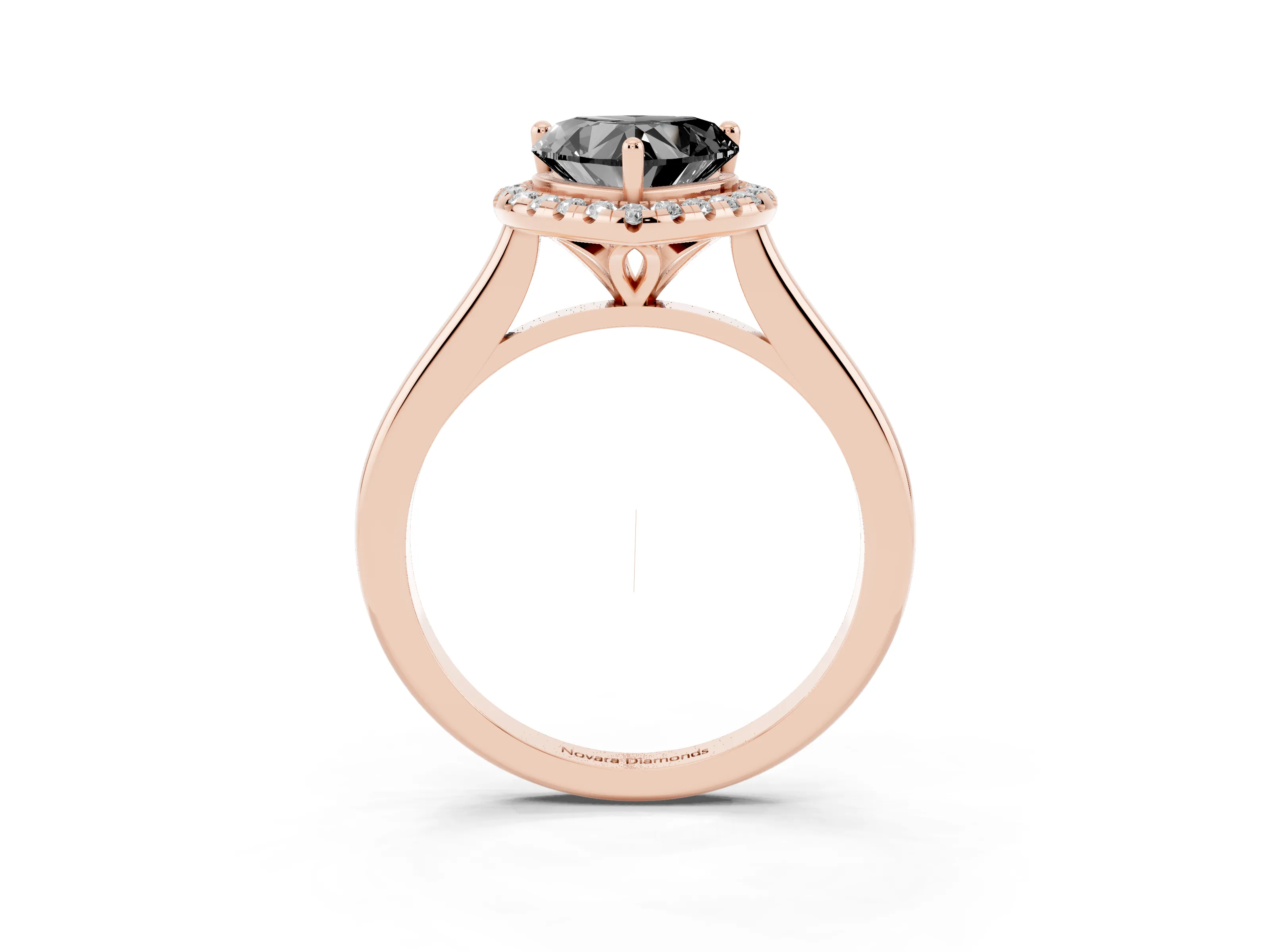 Fancy Black Heart Cut Diamond Halo Engagement Ring Set in Rose gold with Pavé Band and Rising Shoulders