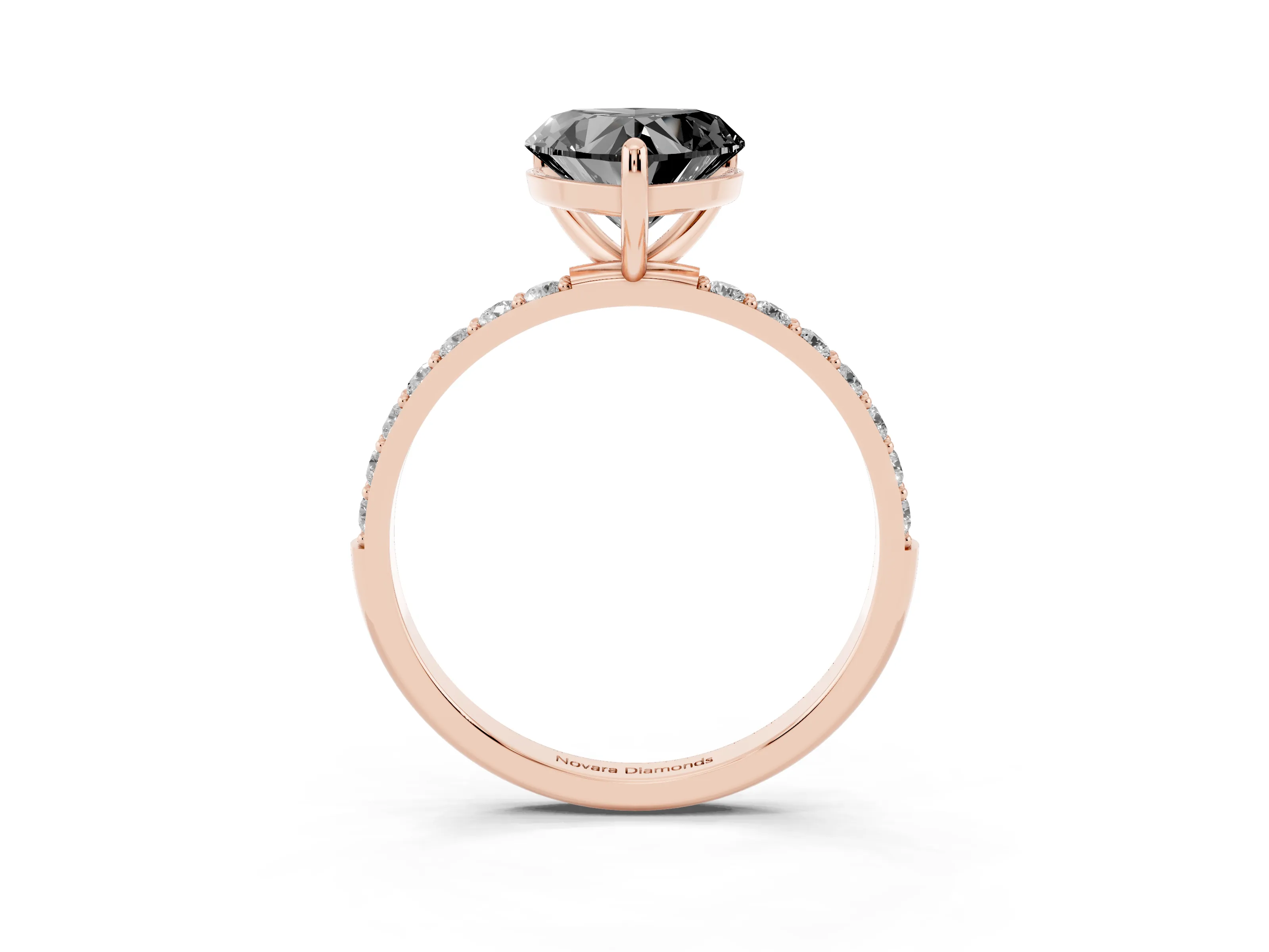 Fancy Black Heart Cut Diamond Solitaire Ring Set in Rose gold with Round Pavé Band and Prong Setting