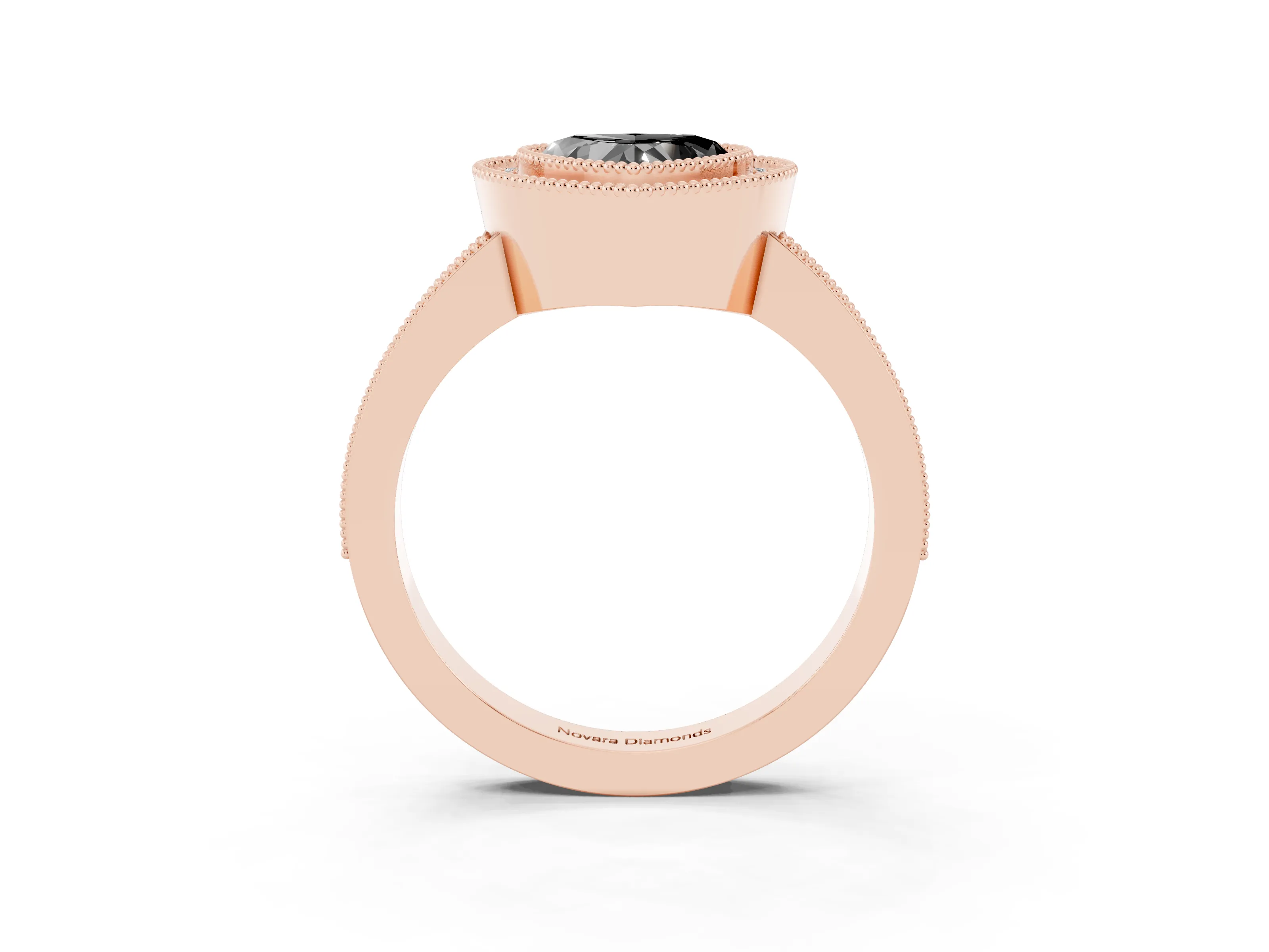 Fancy Black Heart Cut Diamond Halo Engagement Ring Set in Rose gold with Pavé Band and Round Halo Stones