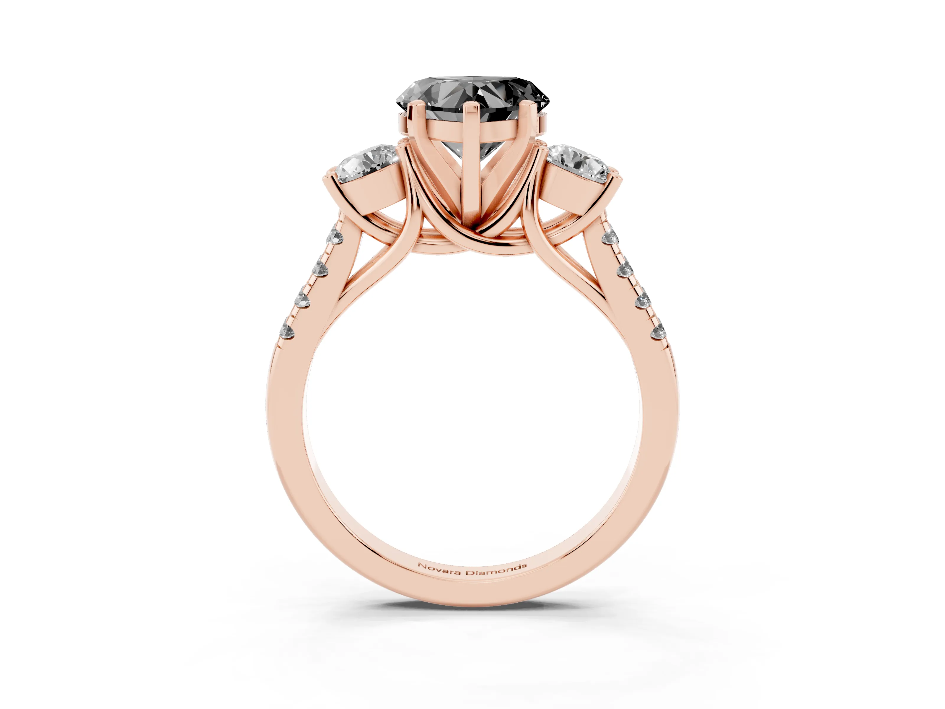 Fancy Black Three-Stone Heart Cut Diamond Pavé Band Ring Set in Rose gold with Prong-Set Trio