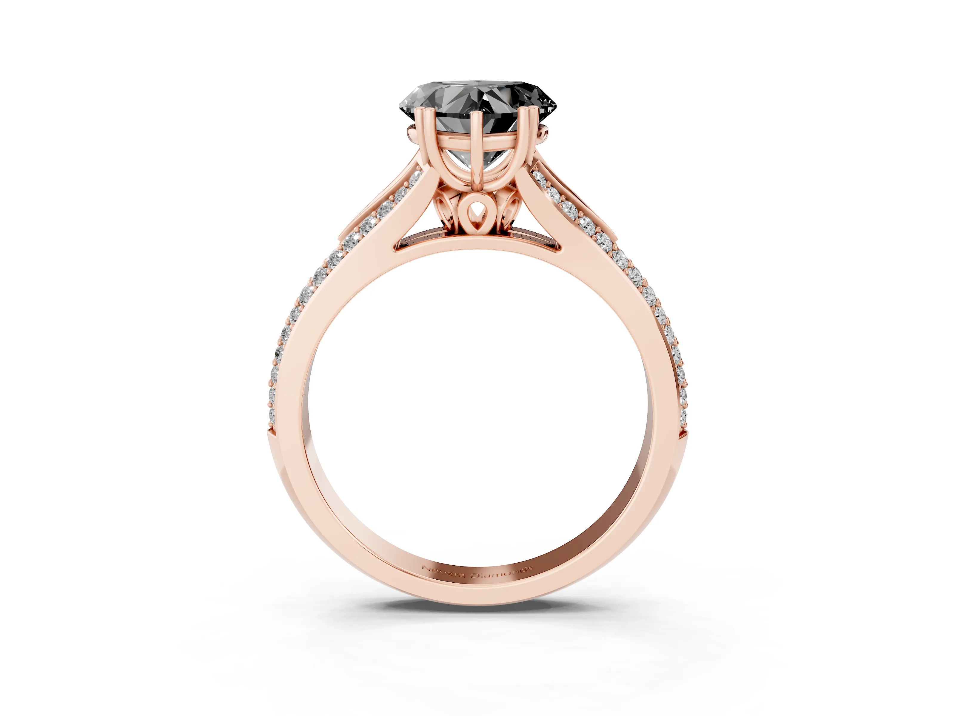 Fancy Black Heart Cut Diamond Split Shank Pavé Engagement Ring Set in Rose gold with Prong-Set Center Stone