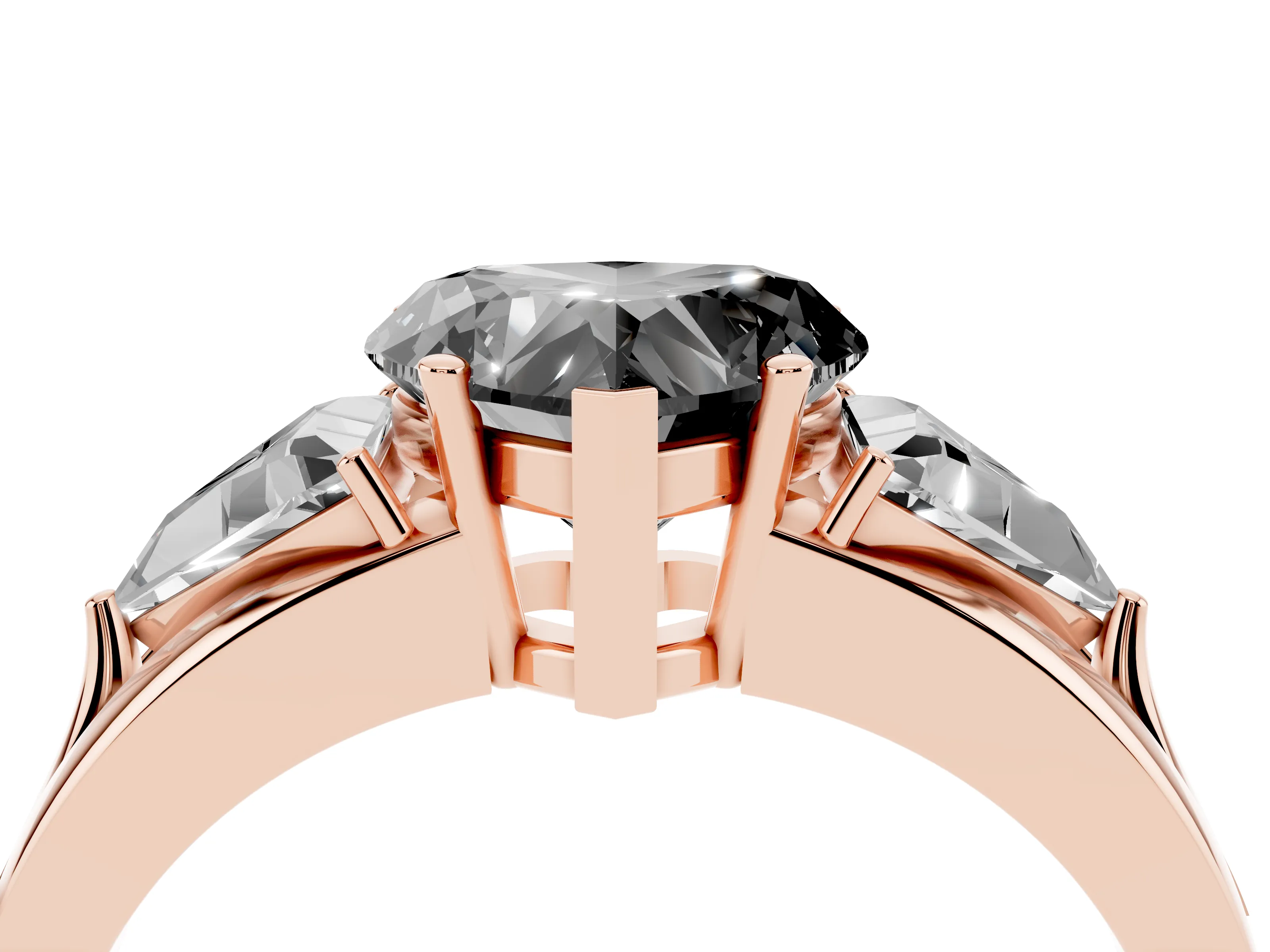 Fancy Black Heart Cut Diamond Three-Stone Ring Set in Rose gold with Trillion Side Stones and Split Shank