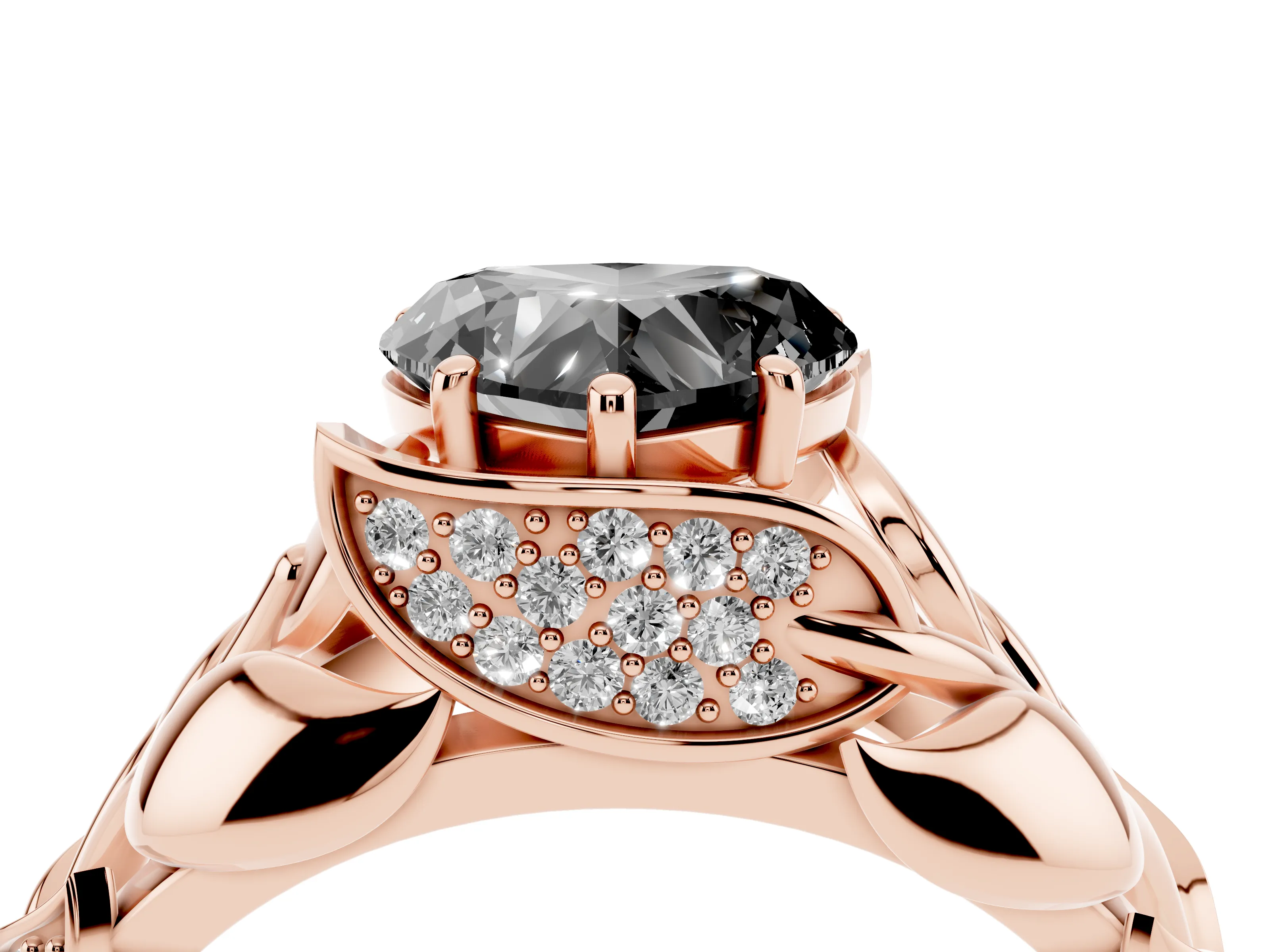 Fancy Black Heart Cut Diamond Leaf-Inspired Engagement Ring Set in Rose gold with Round Accents