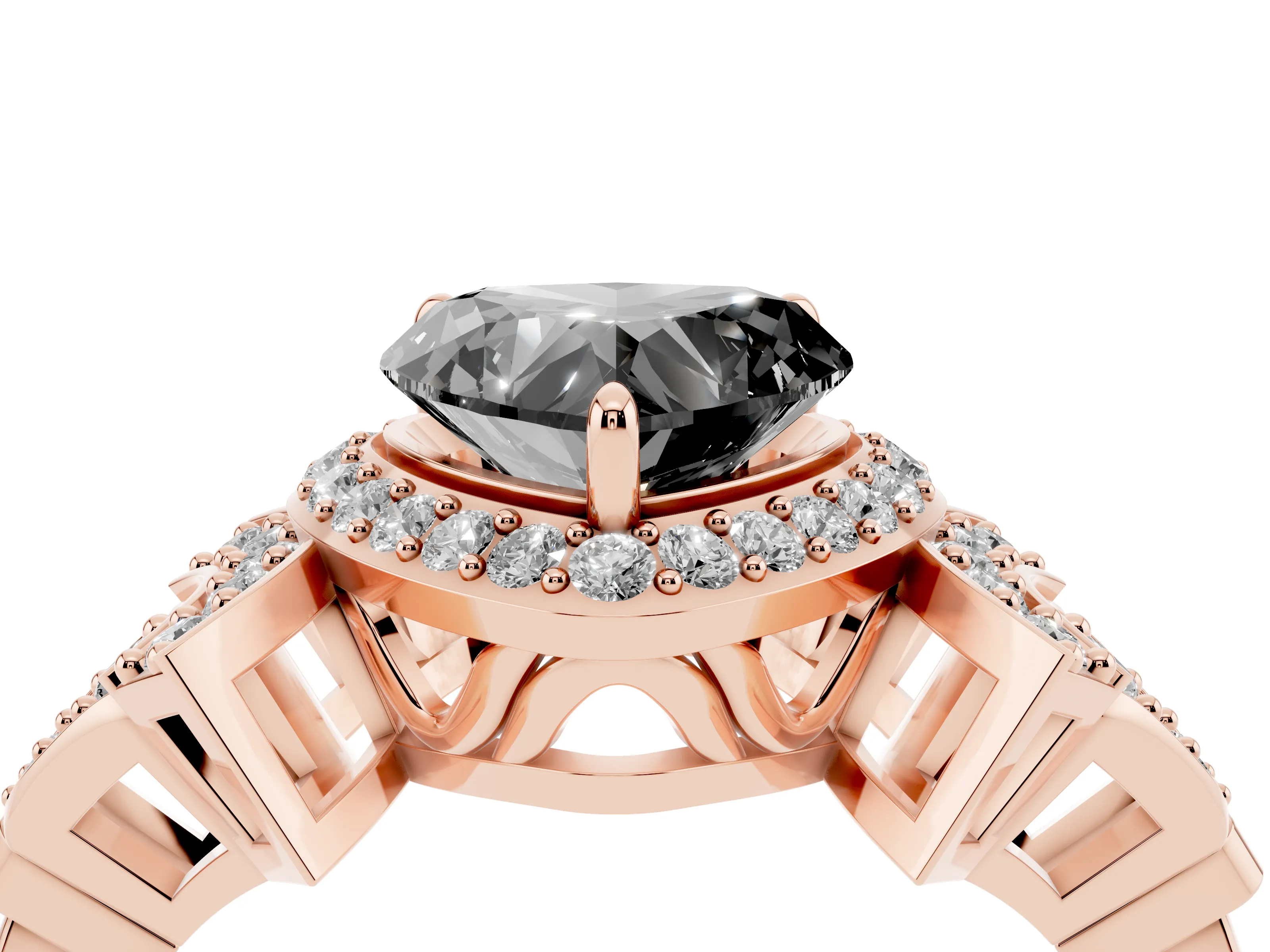Fancy Black Heart Cut Diamond Halo Engagement Ring Set in Rose gold with Accent Stone Split Shank