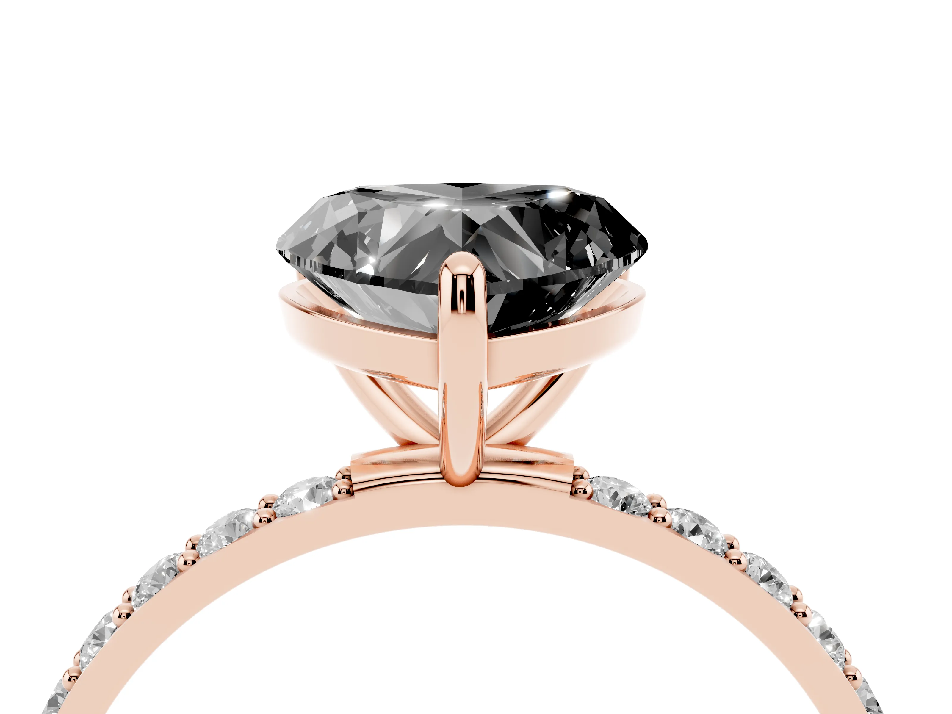 Fancy Black Heart Cut Diamond Solitaire Ring Set in Rose gold with Round Pavé Band and Prong Setting