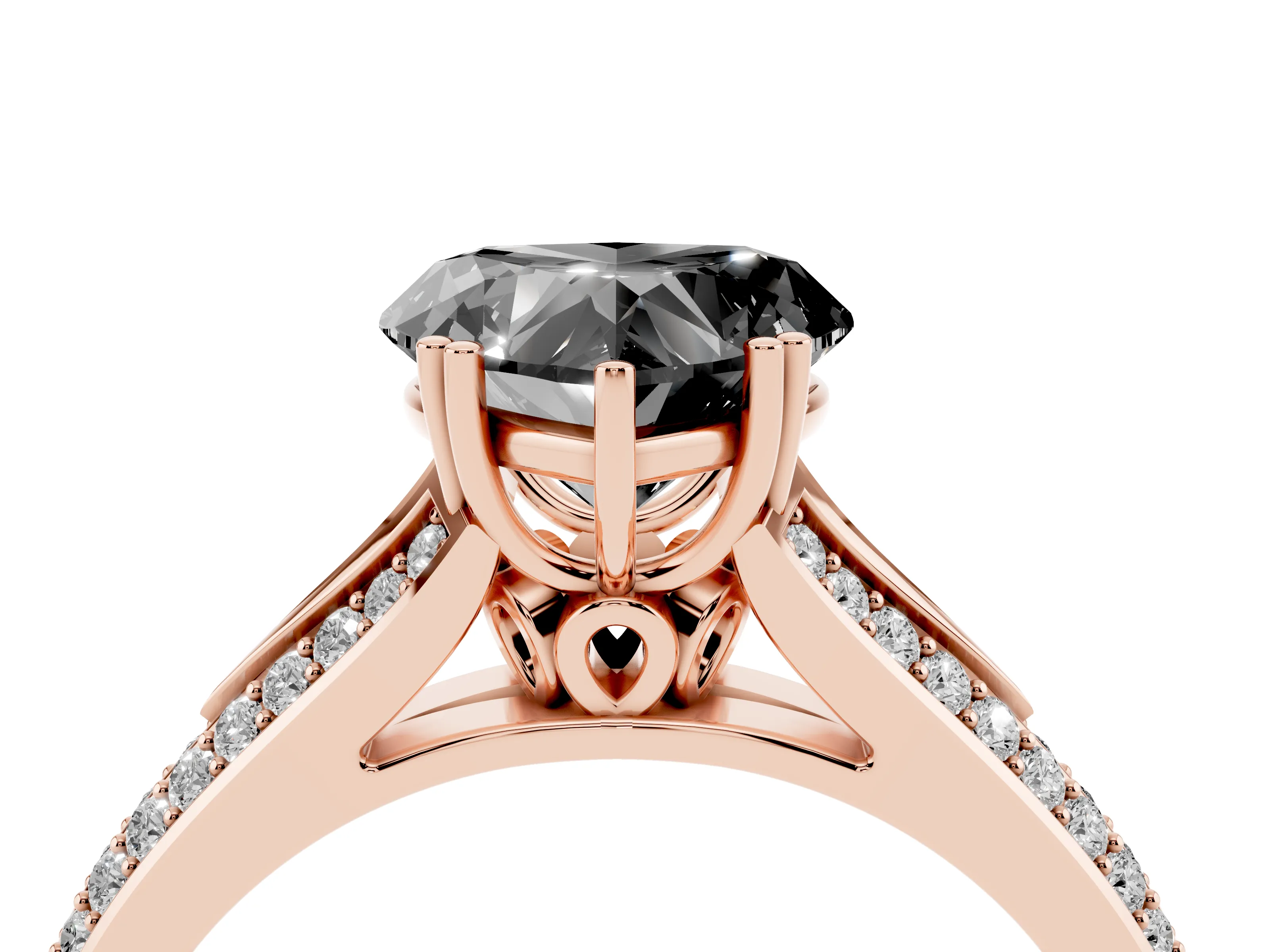 Fancy Black Heart Cut Diamond Split Shank Pavé Engagement Ring Set in Rose gold with Prong-Set Center Stone