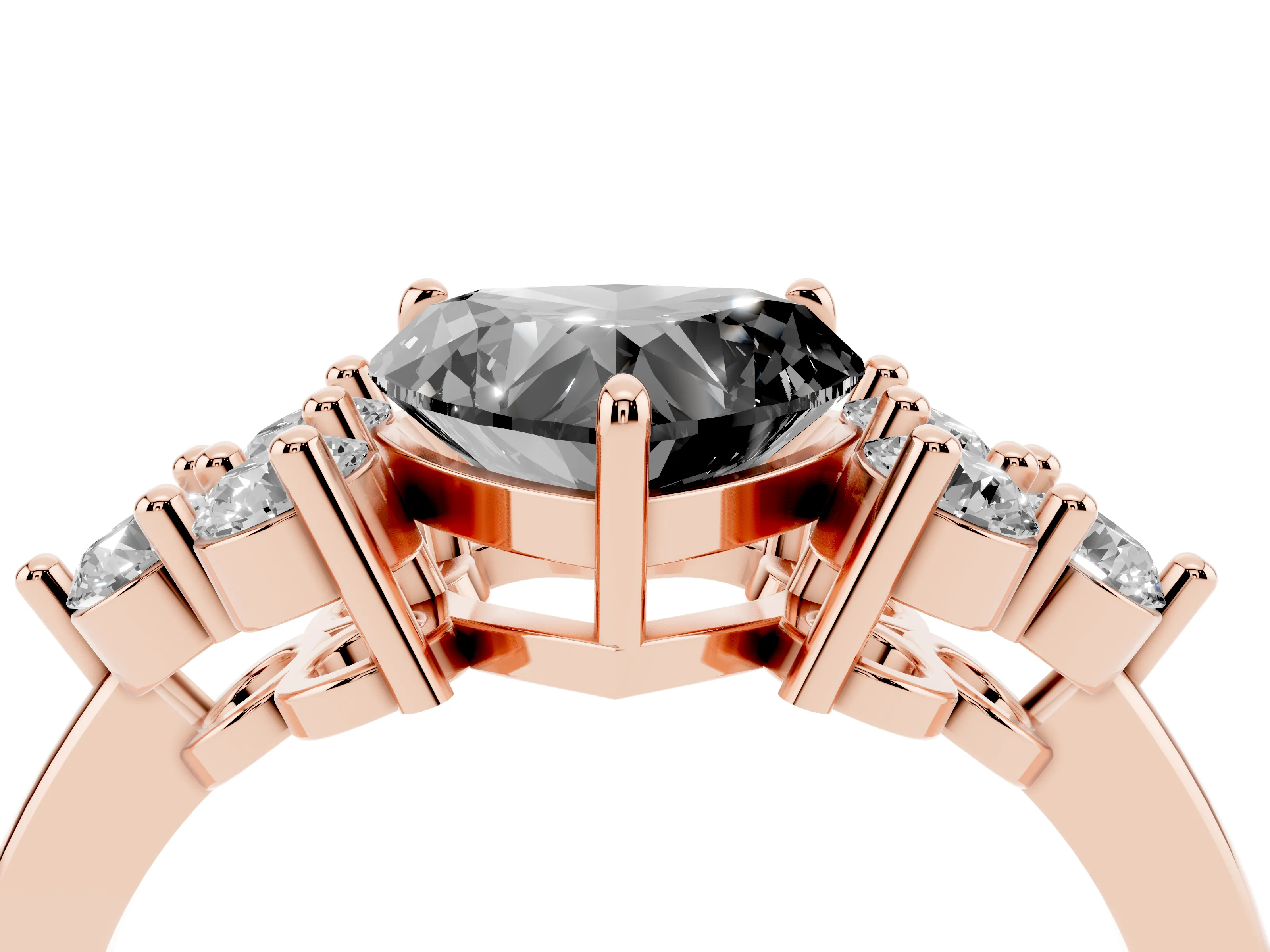 Fancy Black Heart Cut Diamond Solitaire Ring Set in Rose gold with Cluster Accents on Each Side