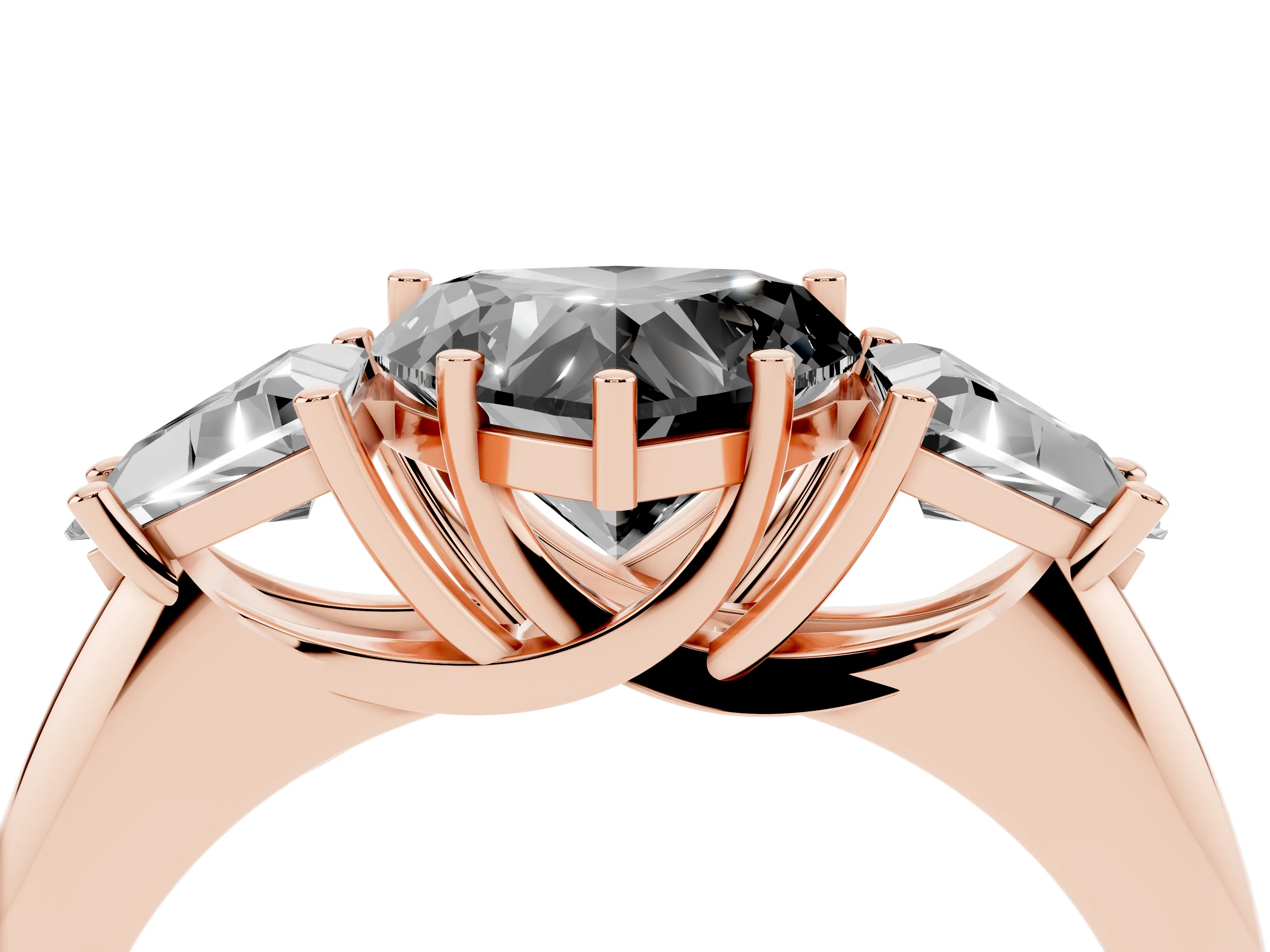 Fancy Black Heart Cut Diamond Three-Stone Engagement Ring Set in Rose gold with Trillion Side Stones