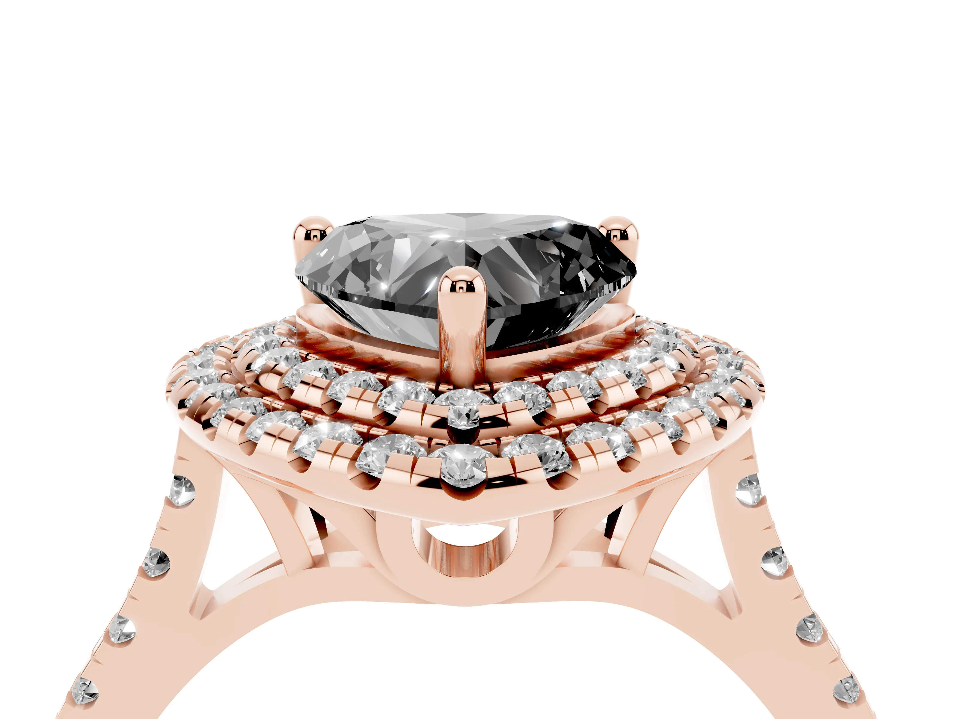 Fancy Black Heart Cut Diamond Double Halo Statement Ring Set in Rose gold with Pavé Band