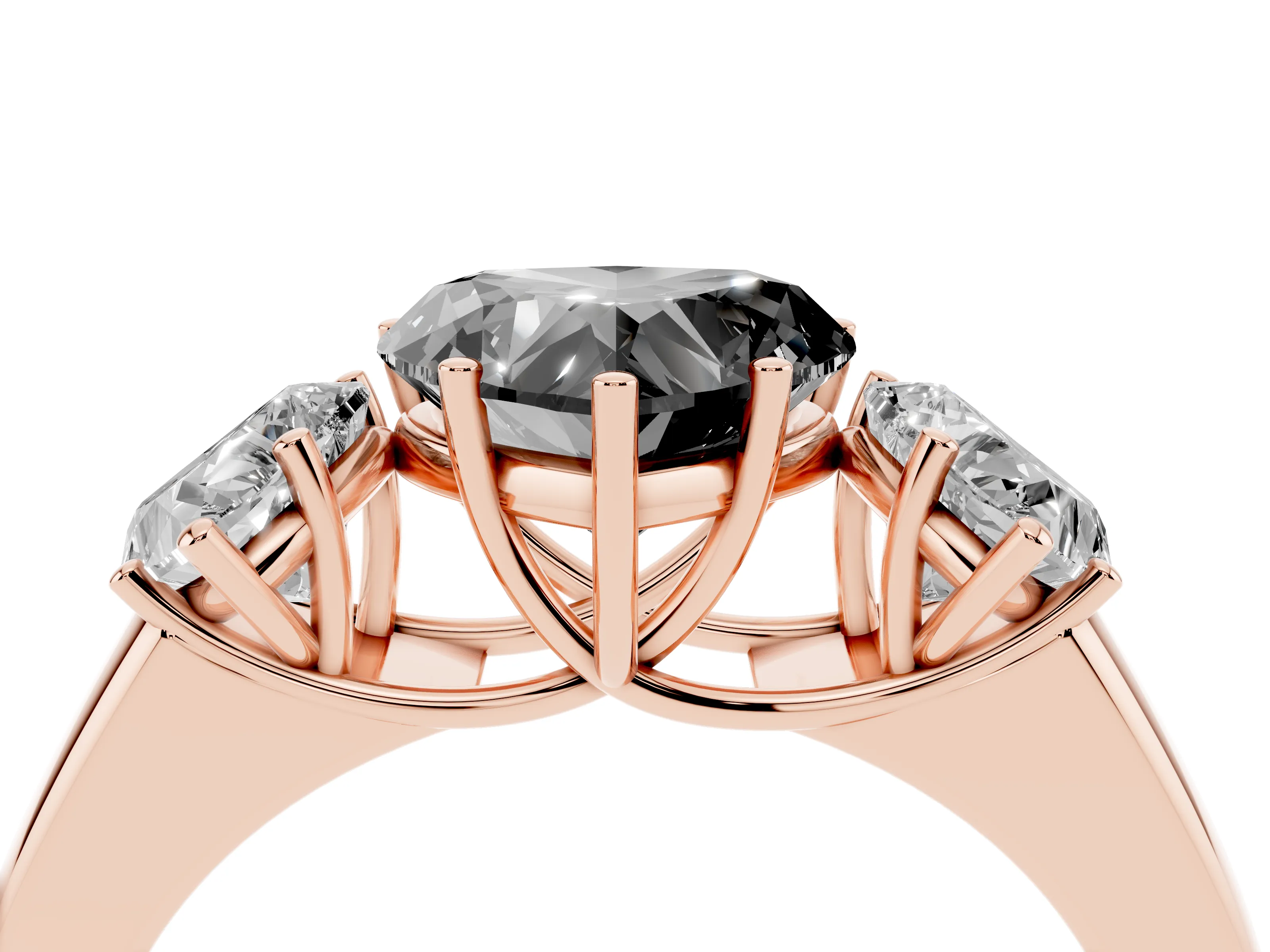 Fancy Black Three-Stone Heart Cut Diamond Ring Set in Rose gold with Matching Prong Settings and Plain Band