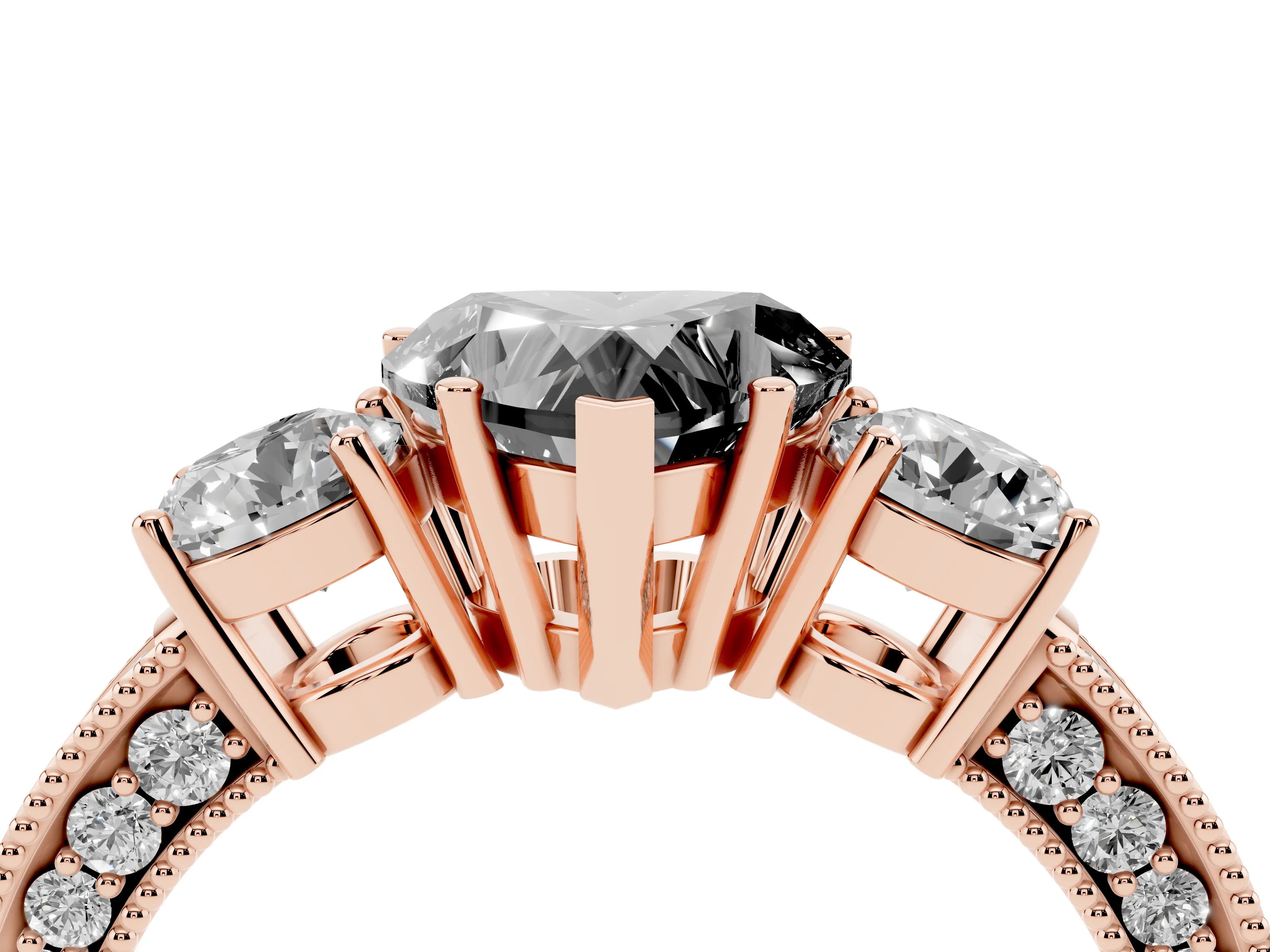 Fancy Black Heart Cut Diamond Three-Stone Ring Set in Rose gold with Round Side Stones and Pavé Band