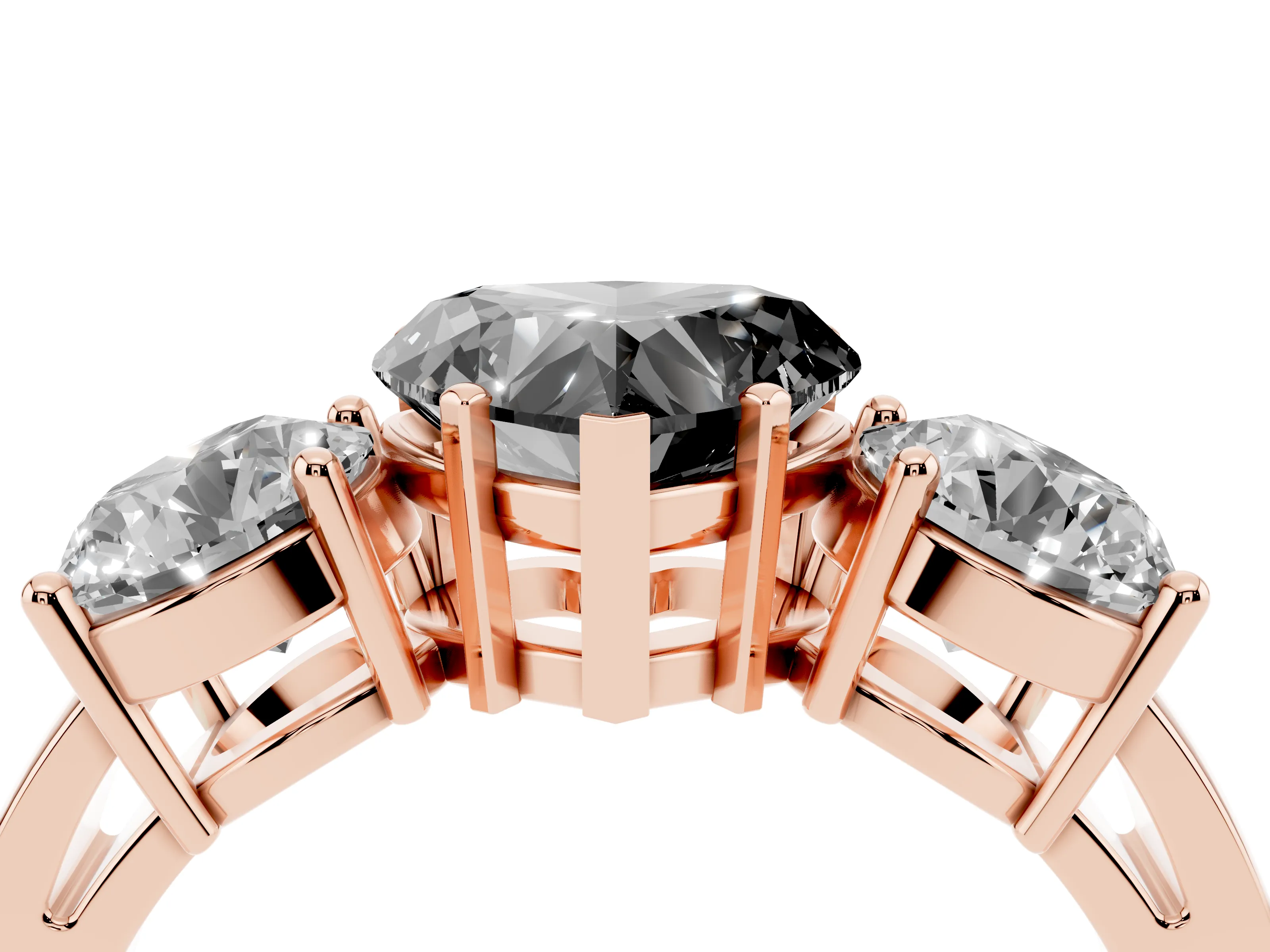 Fancy Black Heart Cut Diamond Three-Stone Ring Set in Rose gold with Round Side Stones and Classic Band