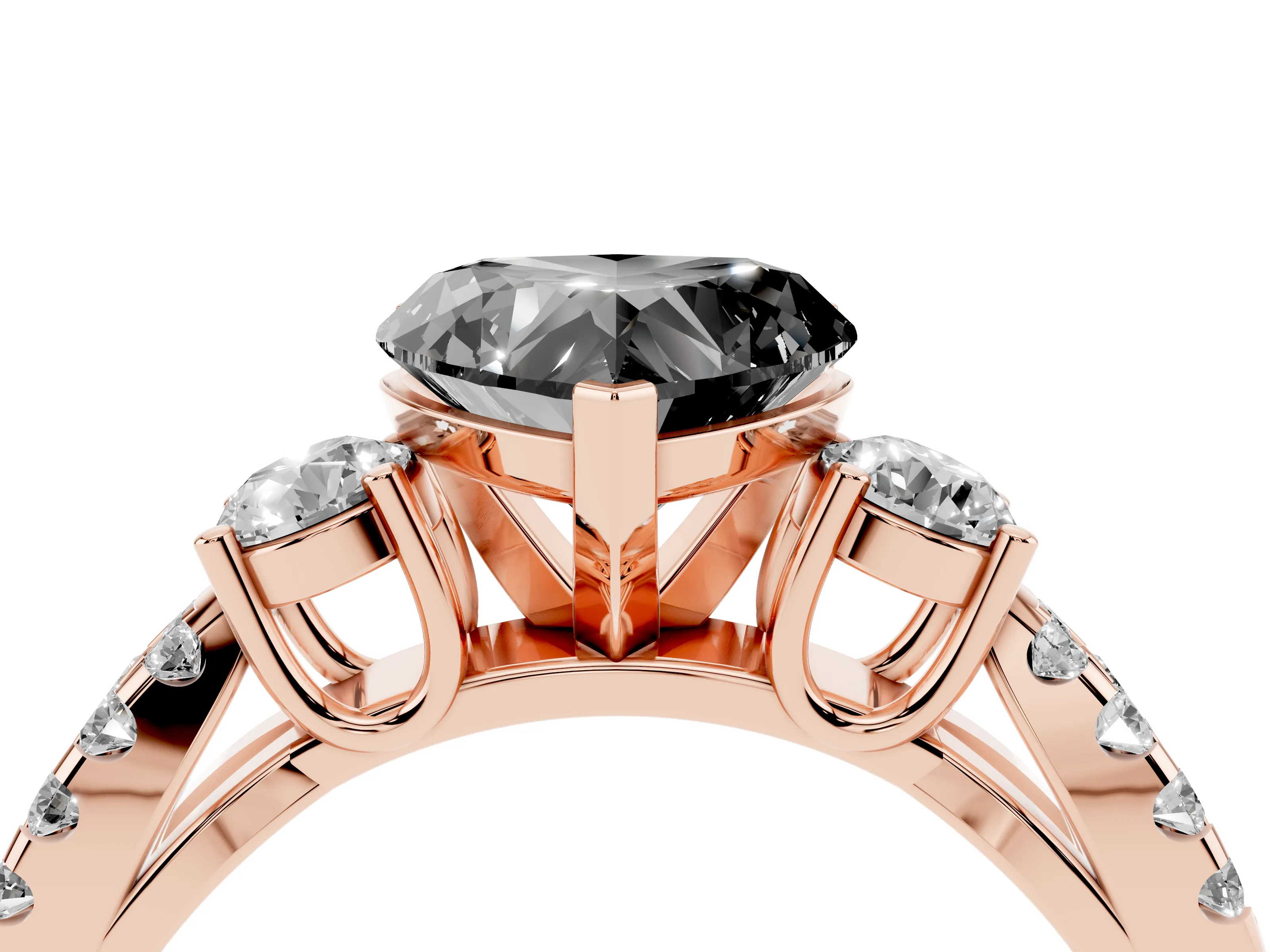 Fancy Black Heart Cut Diamond Three-Stone Ring Set in Rose gold with Pavé Split Shank and Prong Setting
