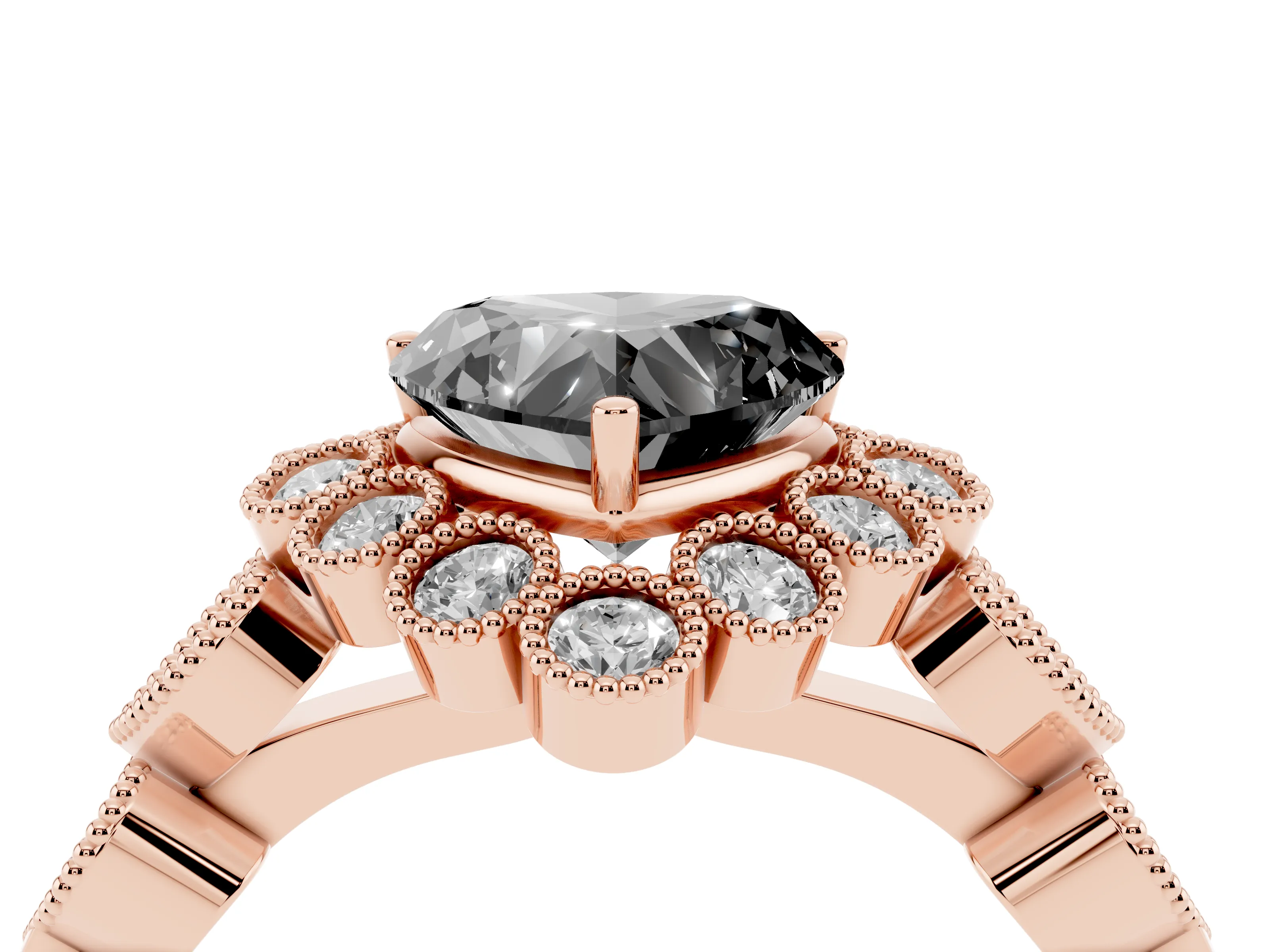 Fancy Black Heart Cut Diamond Solitaire Ring Set in Rose gold with Milgrain Pavé Heart Band
