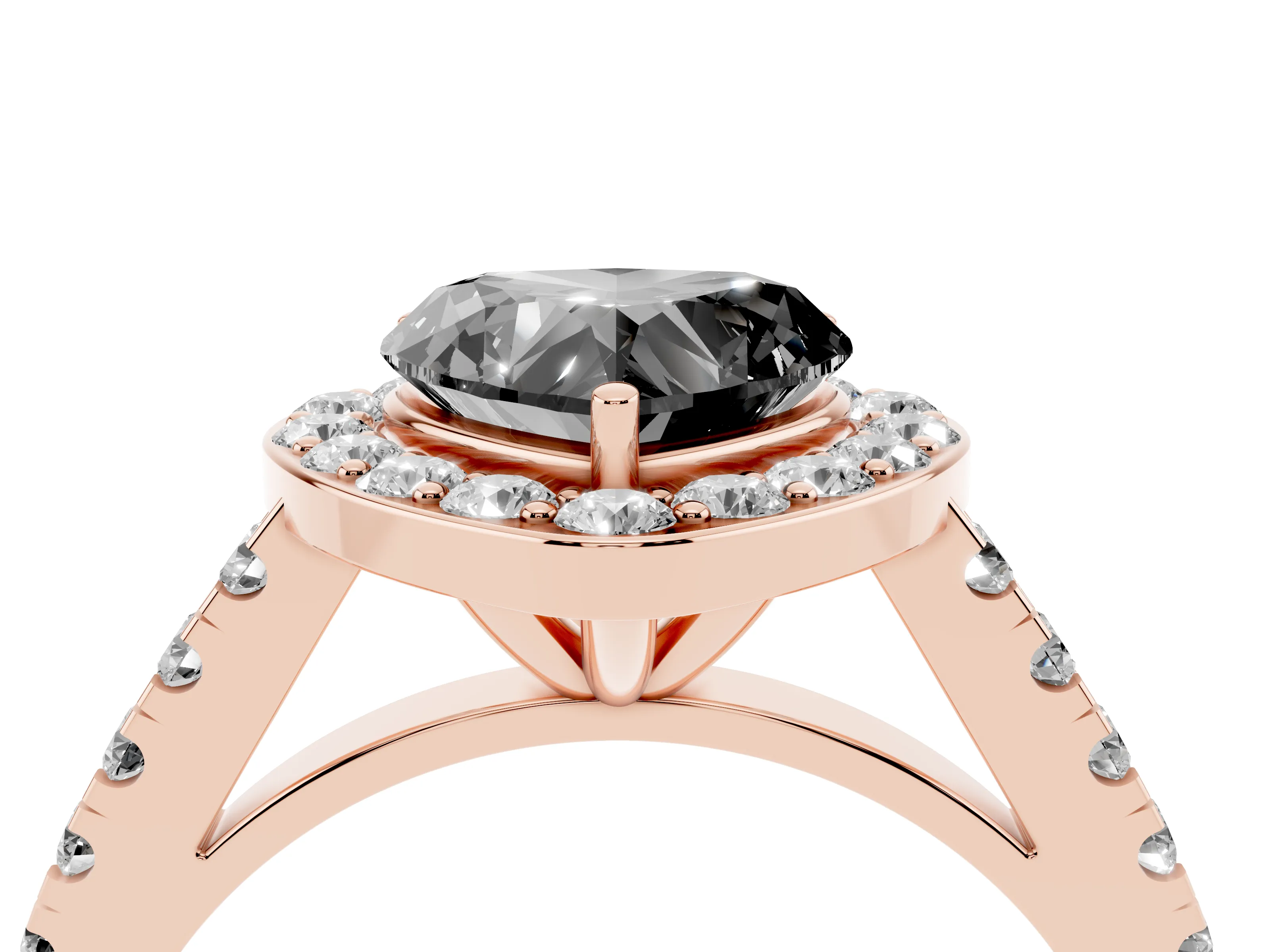 Fancy Black Heart Cut Diamond Halo Ring Set in Rose gold with Round Pavé Split Shank and Prong Setting