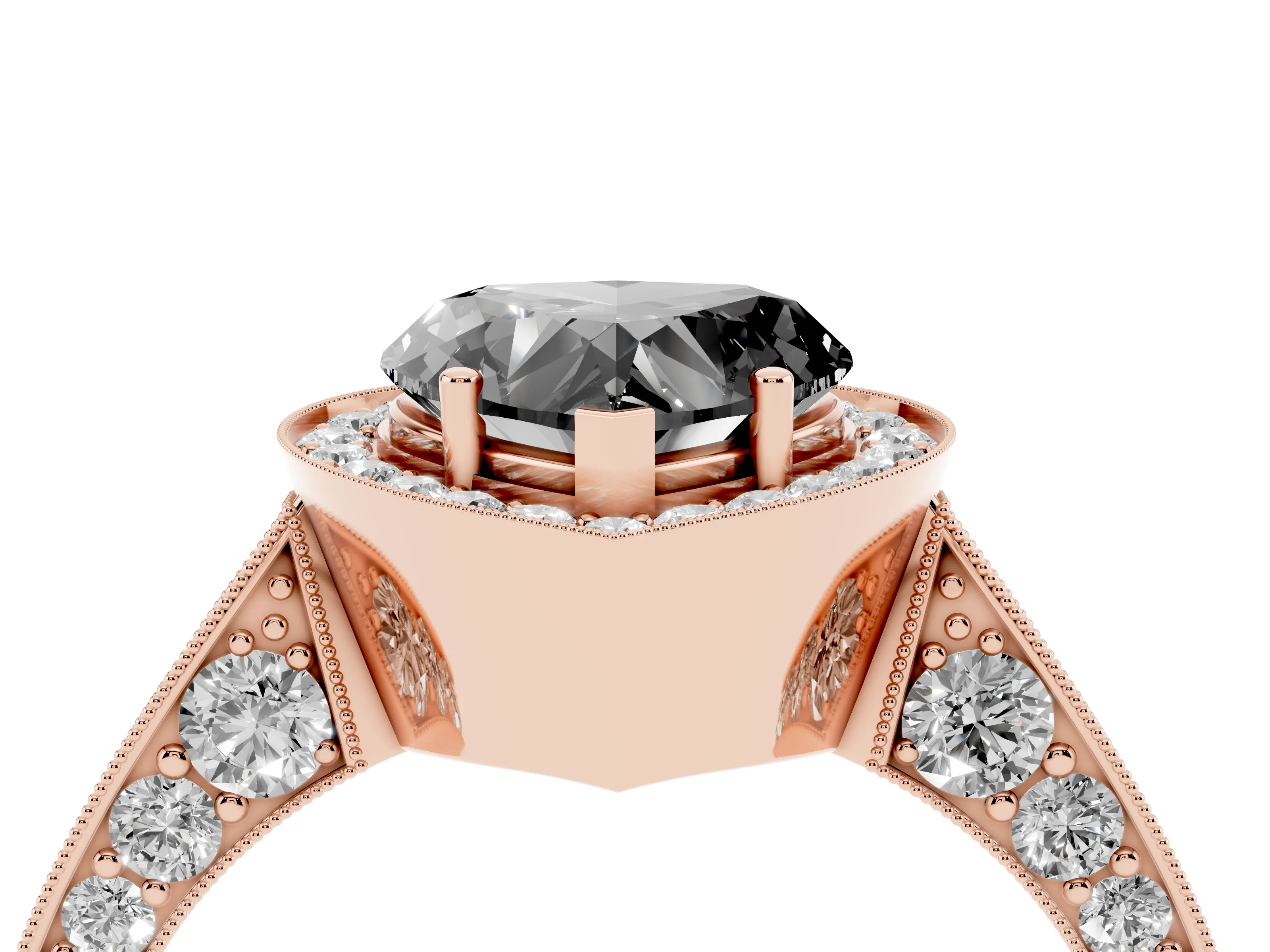 Fancy Black Heart Cut Diamond Halo Engagement Ring Set in Rose gold with Accent Split Shank Band