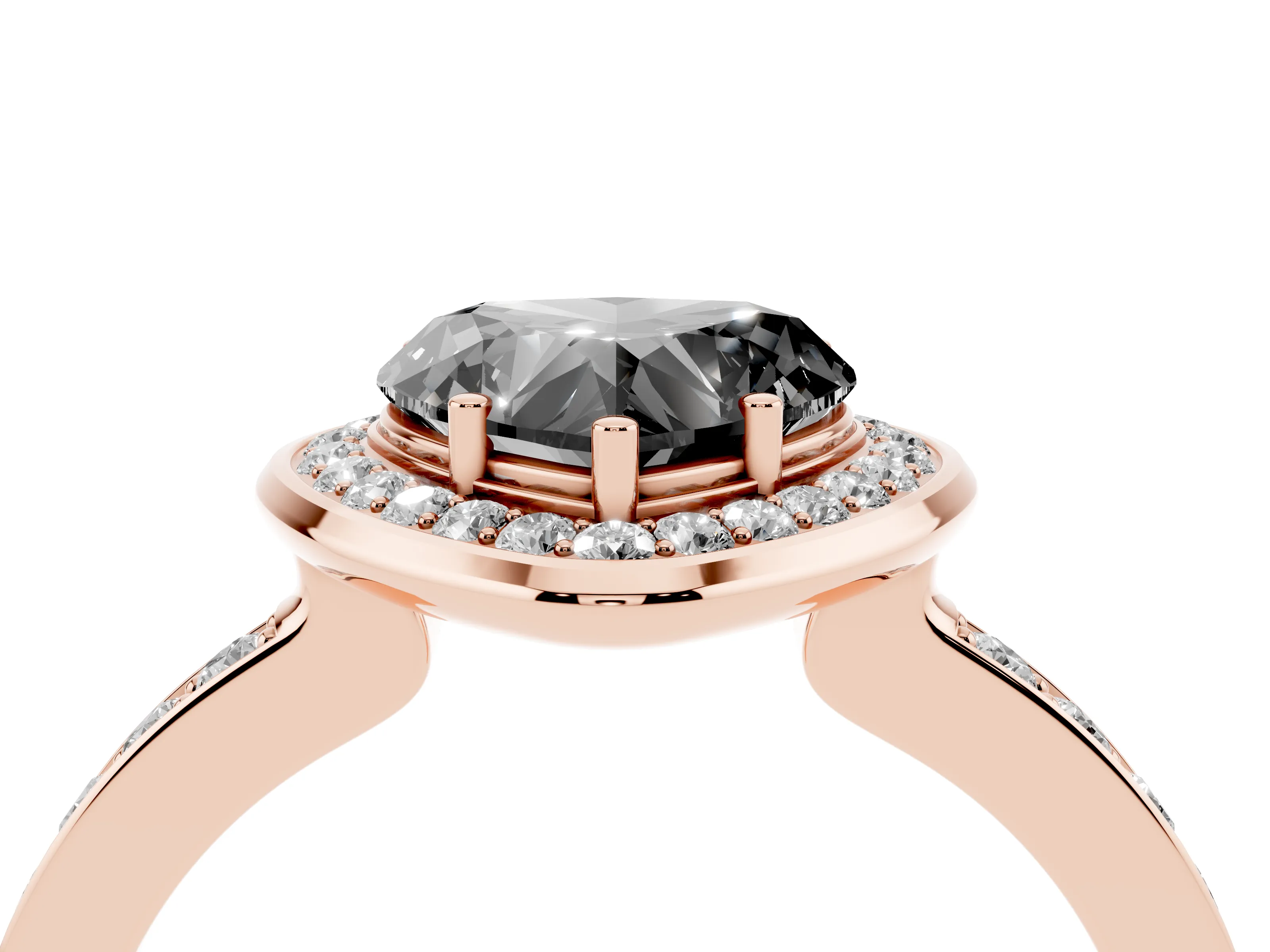 Fancy Black Heart Cut Diamond Halo Ring Set in Rose gold with Bezel Frame and Pavé Band