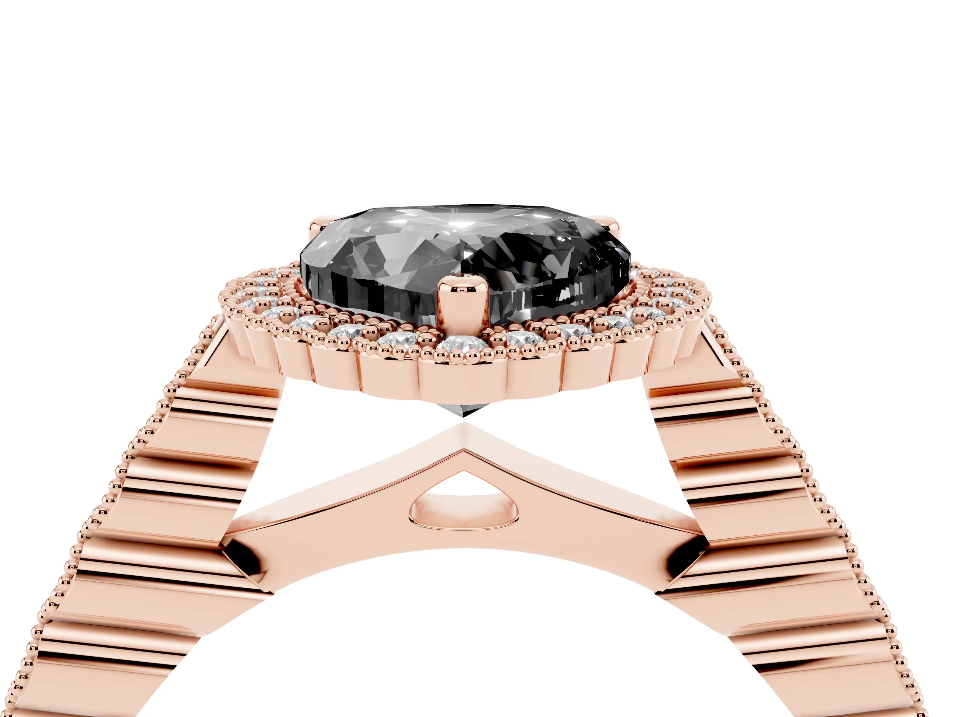 Fancy Black Heart Cut Diamond Halo Ring Set in Rose gold with Pavé Milgrain Band