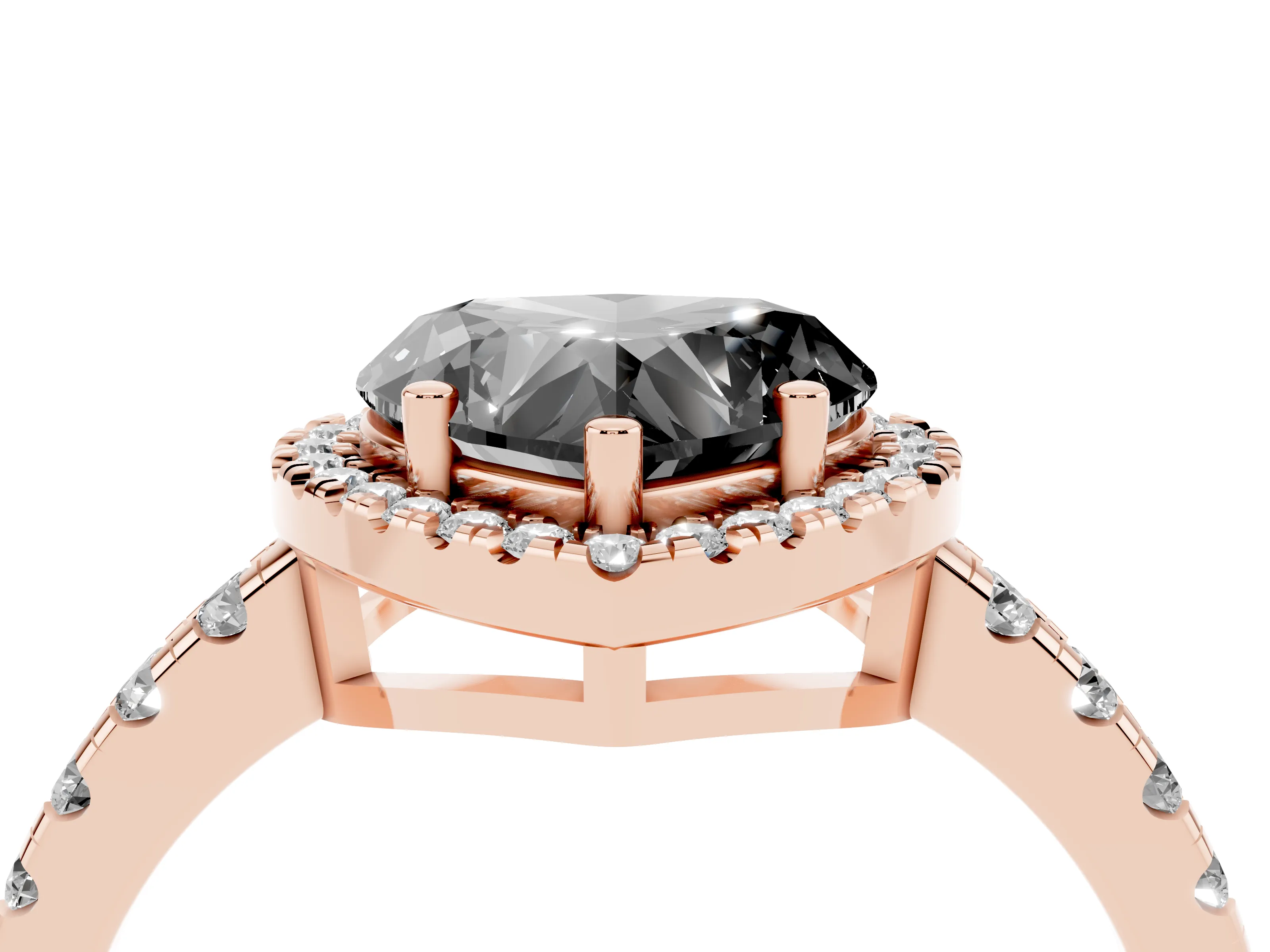 Fancy Black Heart Cut Diamond Halo Ring Set in Rose gold with Delicate Pavé Band and Prong Setting