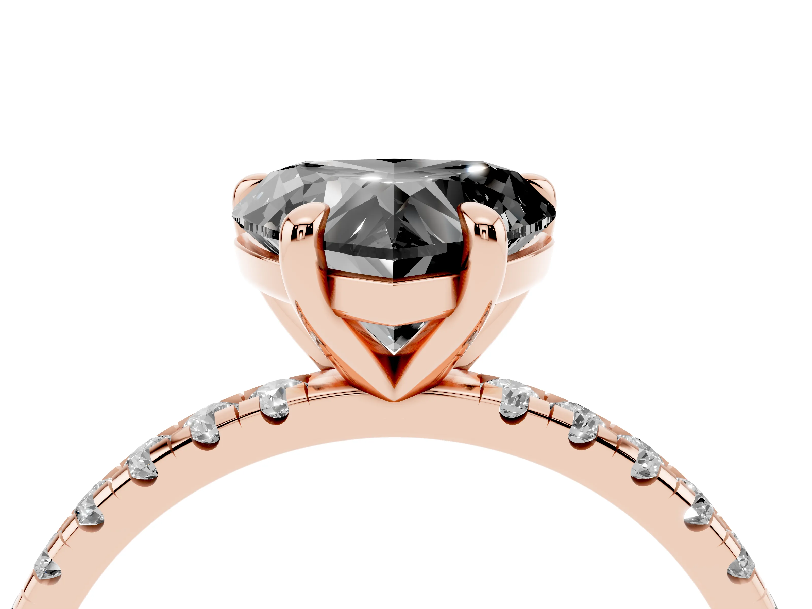 Fancy Black Heart Cut Diamond Brilliant Solitaire Ring Set in Rose gold with Pavé Band and Prong Setting