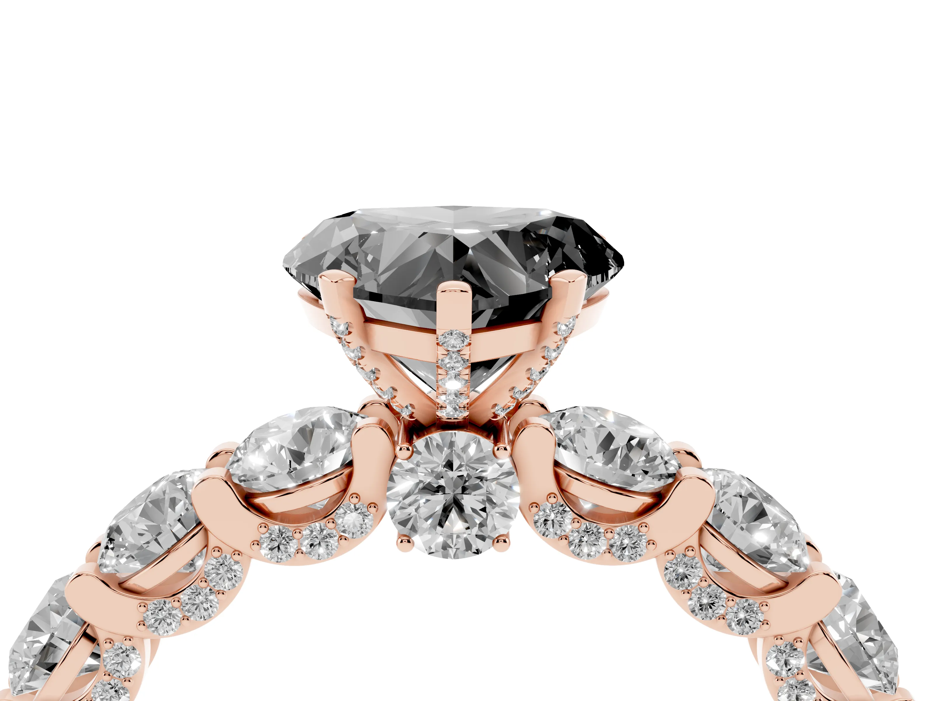 Fancy Black Heart Cut Diamond Side Stone Ring Set in Rose gold with Alternating Round and Oval Side Stones