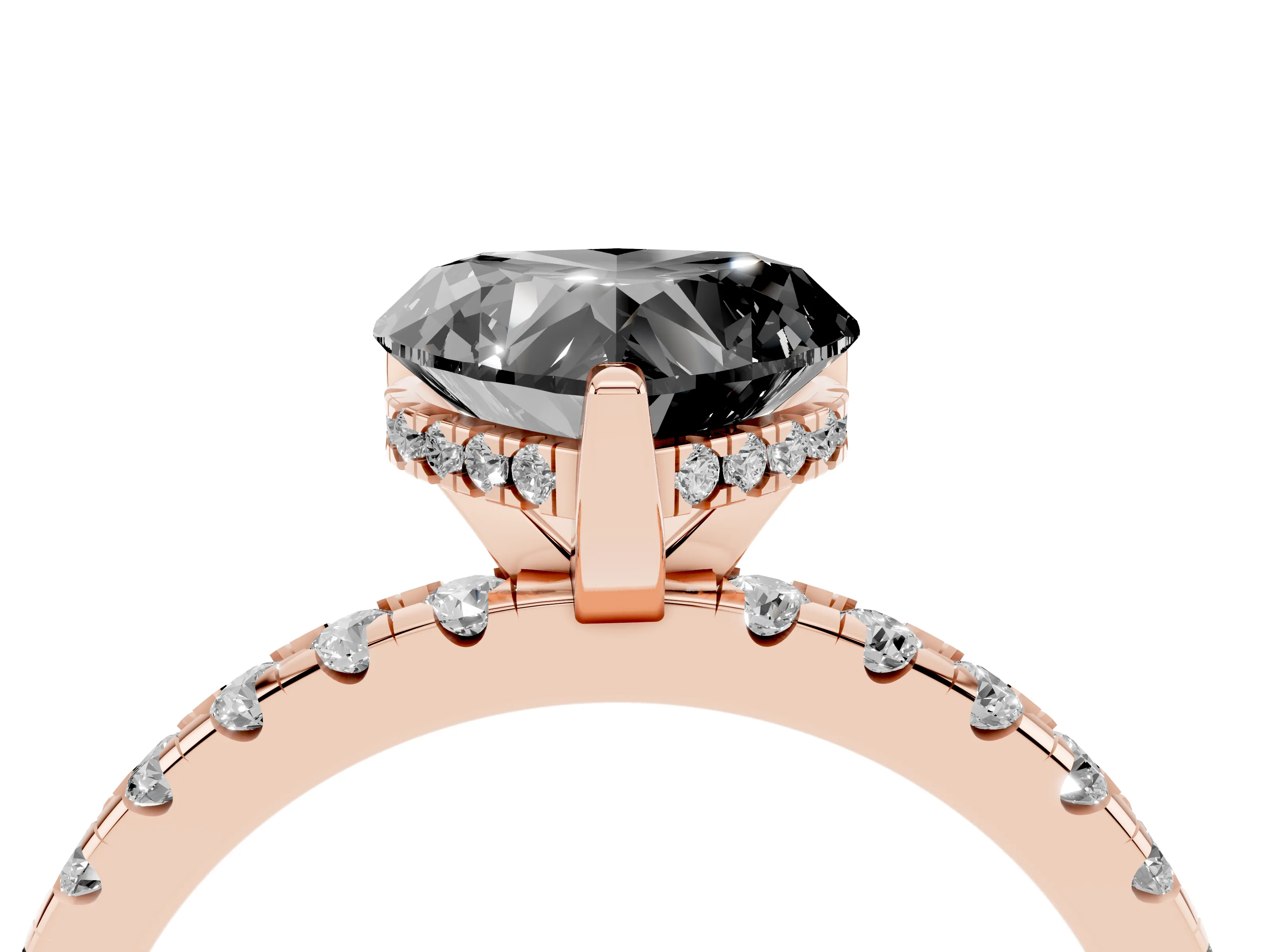 Fancy Black Heart Cut Diamond Pavé Solitaire Ring Set in Rose gold with Round Band Accents and Prong Setting