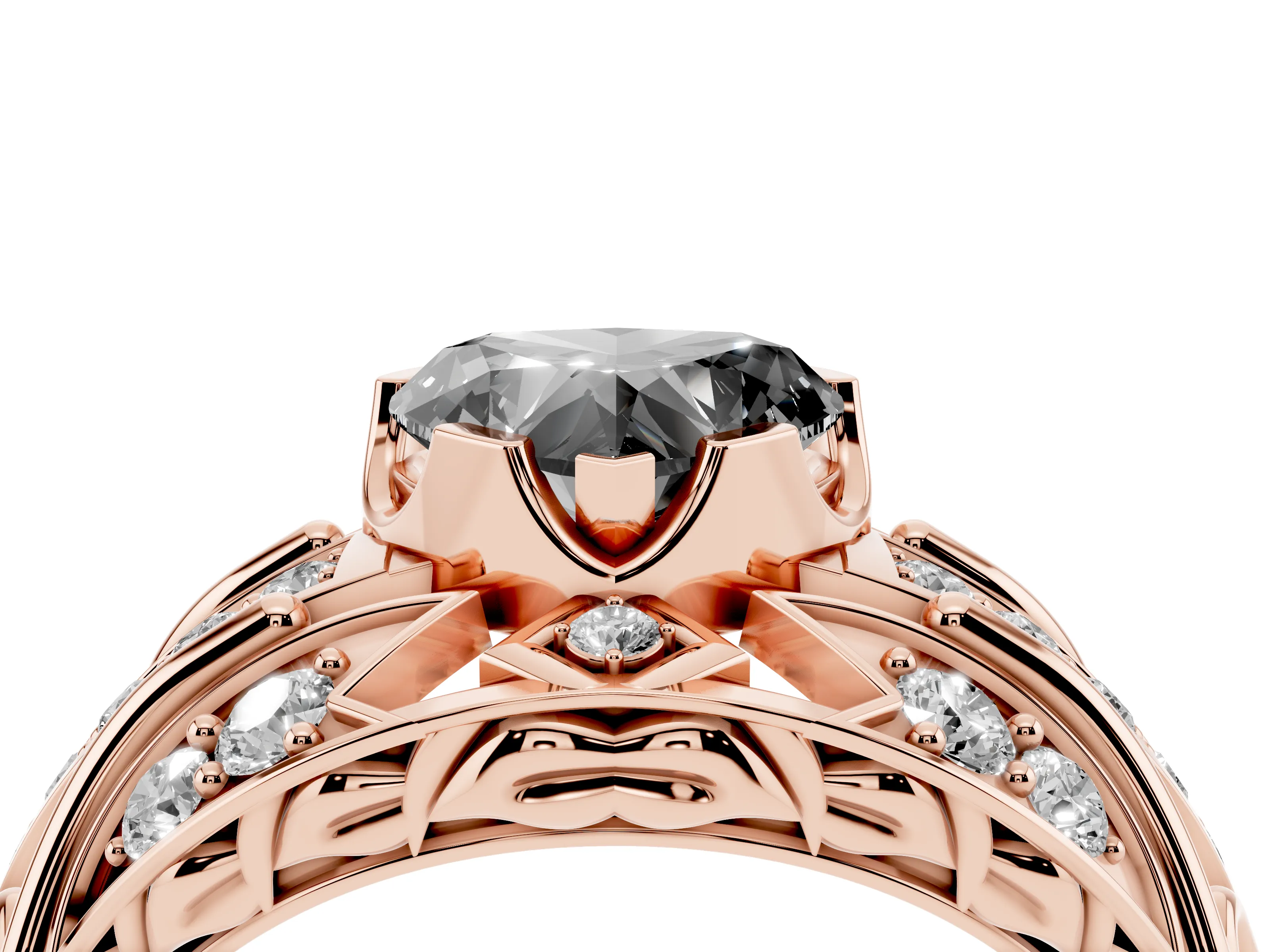 Fancy Black Heart Cut Diamond Art Deco Ring Set in Rose gold with Pavé Split Shank