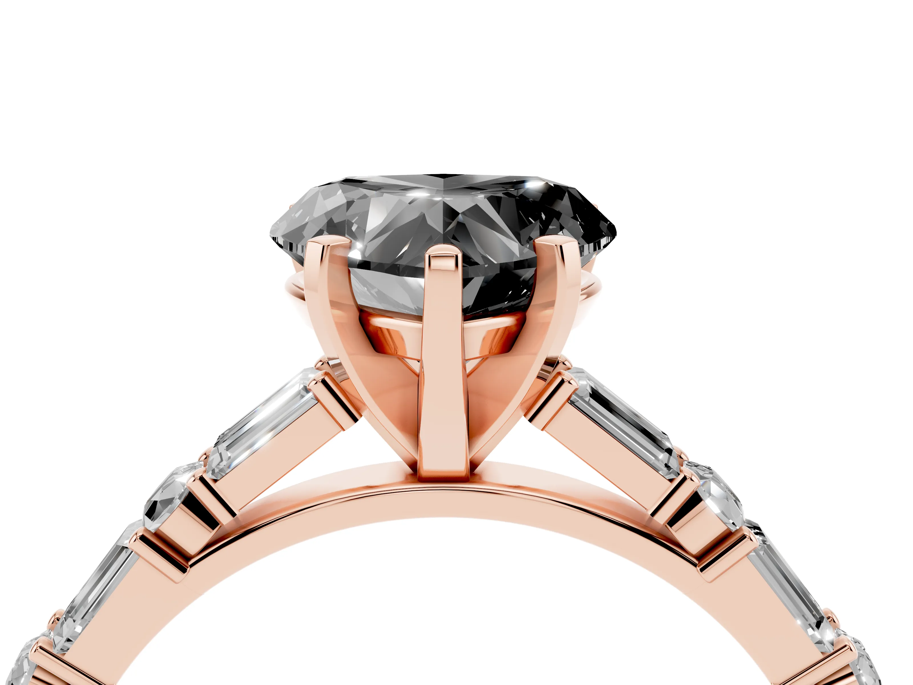 Fancy Black Heart Cut Diamond Solitaire Set in Rose gold with Side Baguettes and Channel Set Band