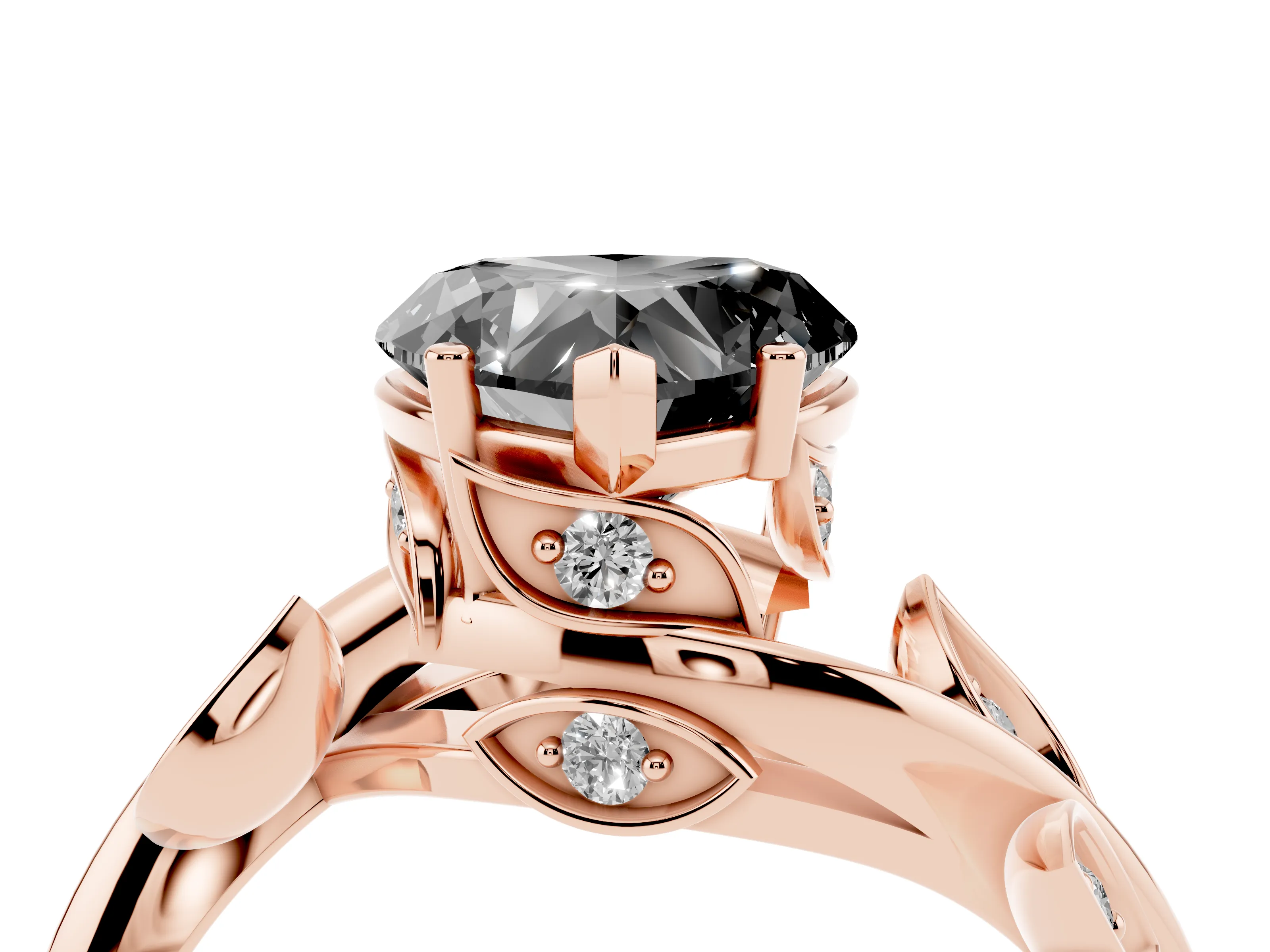 Fancy Black Heart Cut Diamond Solitaire Twist Engagement Ring Set in Rose gold with Pavé Leaf Accents