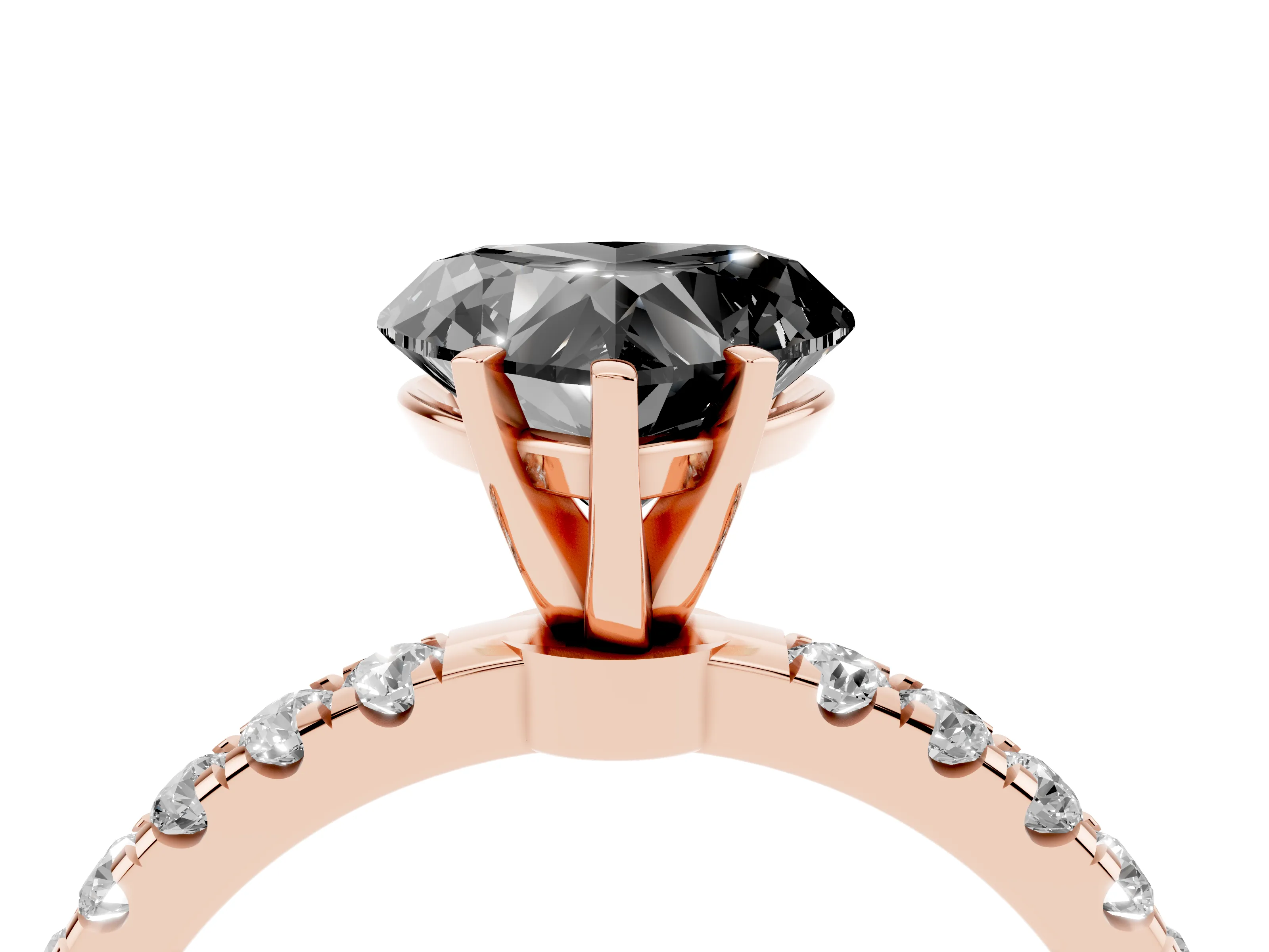 Fancy Black Heart Cut Diamond Solitaire Ring Set in Rose gold with Pavé Accents and Prong Setting