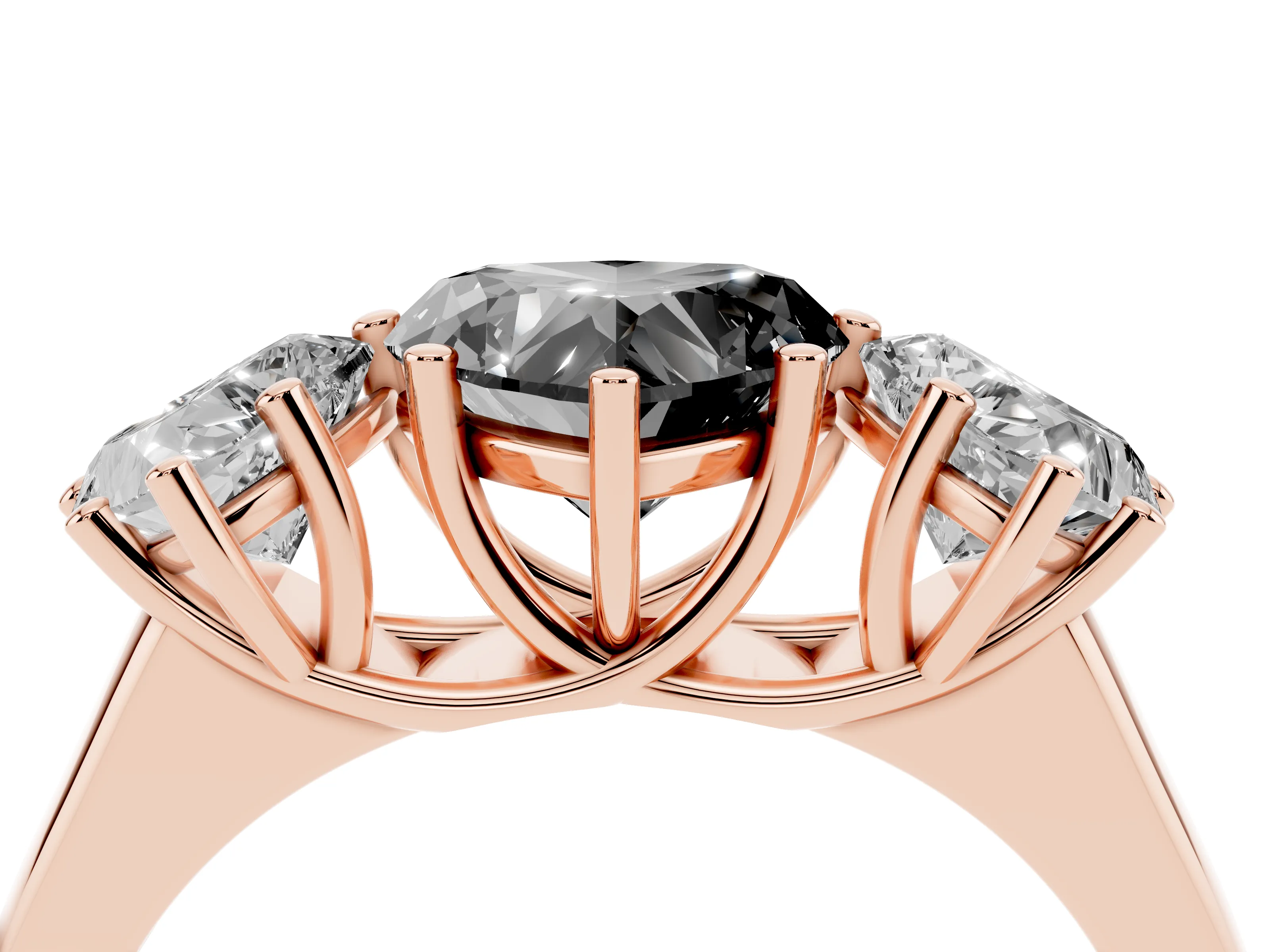 Fancy Black Heart Cut Diamond Three-Stone Ring Set in Rose gold with Plain Polished Band
