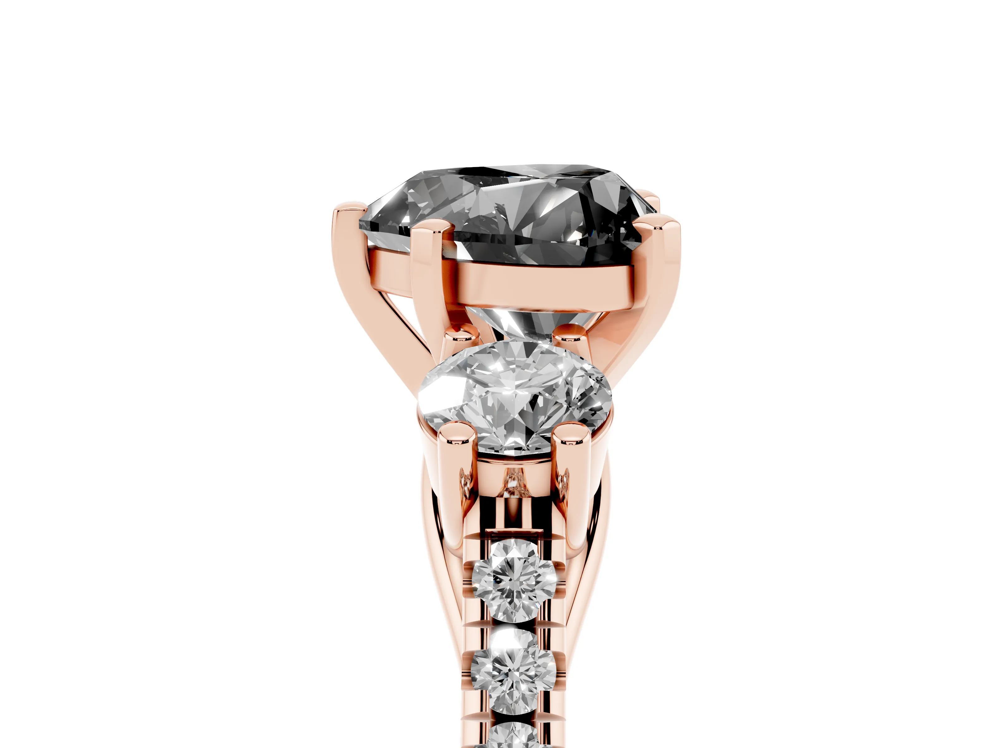 Fancy Black Three-Stone Heart Cut Diamond Pavé Band Ring Set in Rose gold with Prong-Set Trio