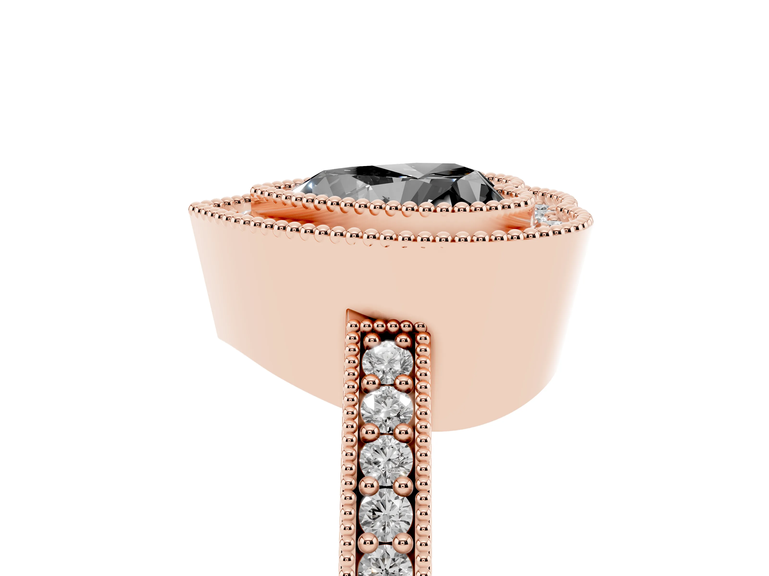 Fancy Black Heart Cut Diamond Halo Engagement Ring Set in Rose gold with Pavé Band and Round Halo Stones