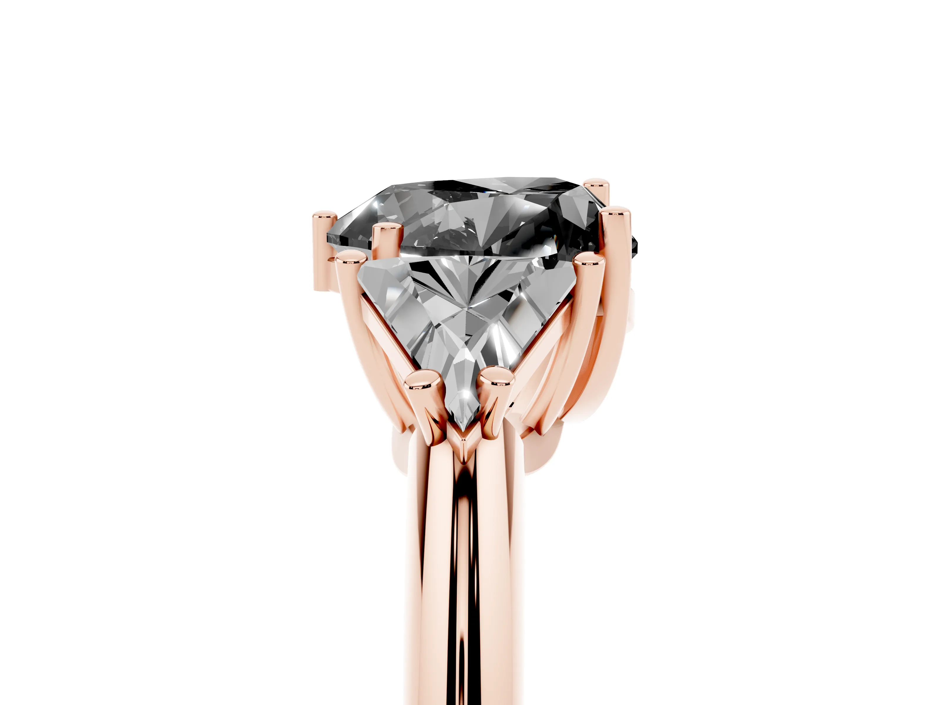 Fancy Black Heart Cut Diamond Three-Stone Engagement Ring Set in Rose gold with Trillion Side Stones