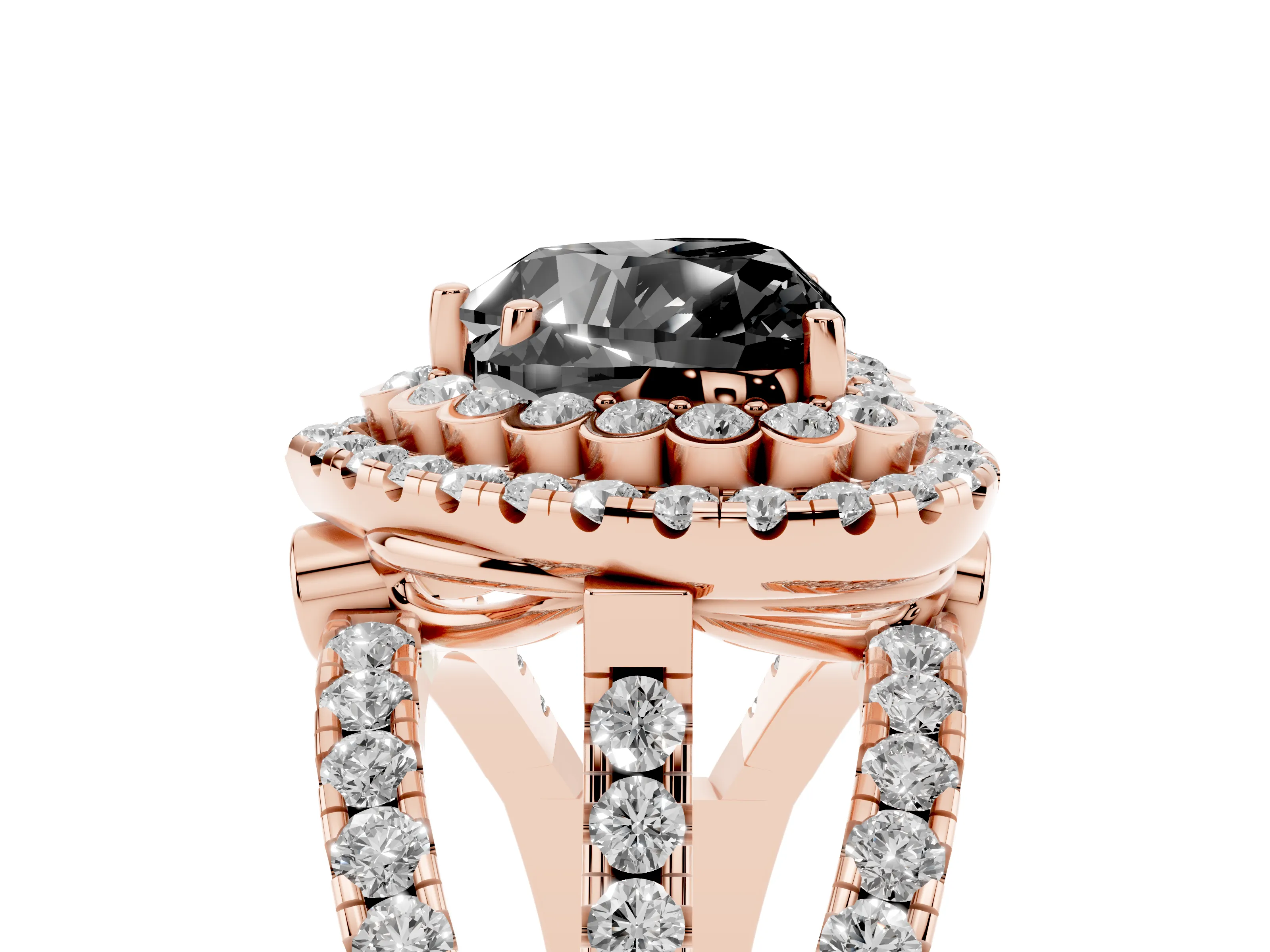 Fancy Black Heart Cut Diamond Double Halo Ring Set in Rose gold with Round Pavé Split Shank