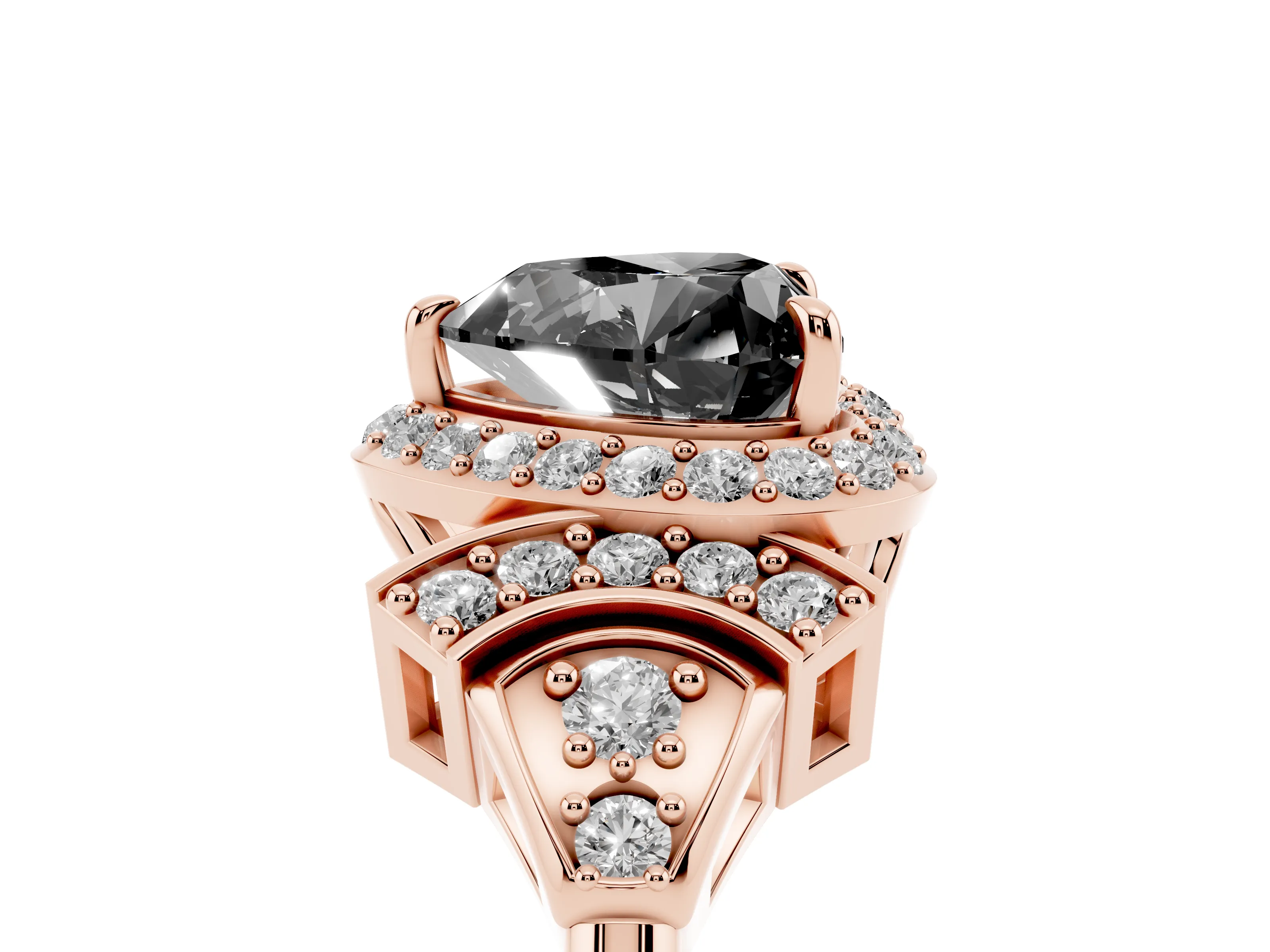 Fancy Black Heart Cut Diamond Halo Engagement Ring Set in Rose gold with Accent Stone Split Shank