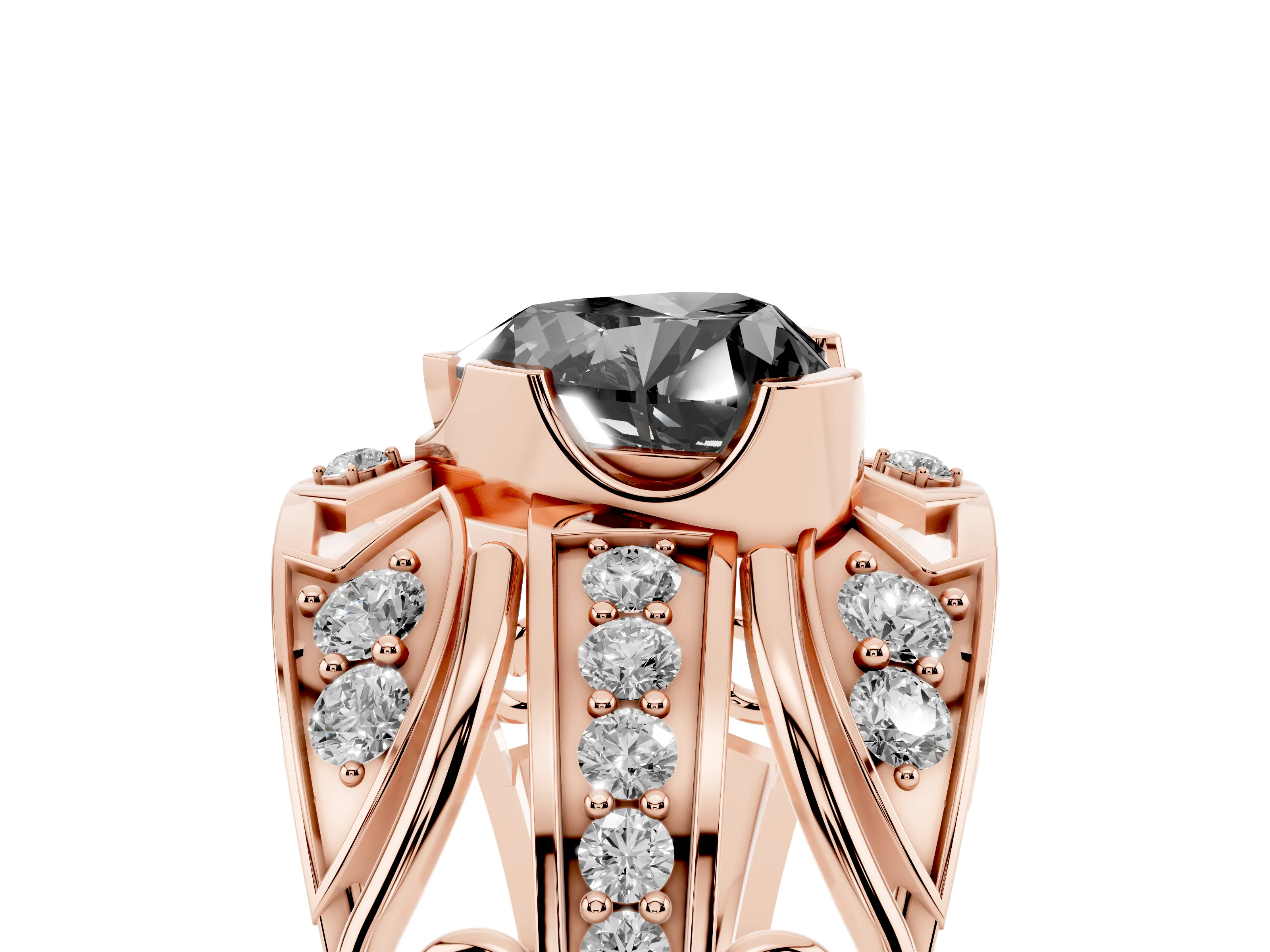 Fancy Black Heart Cut Diamond Art Deco Ring Set in Rose gold with Pavé Split Shank