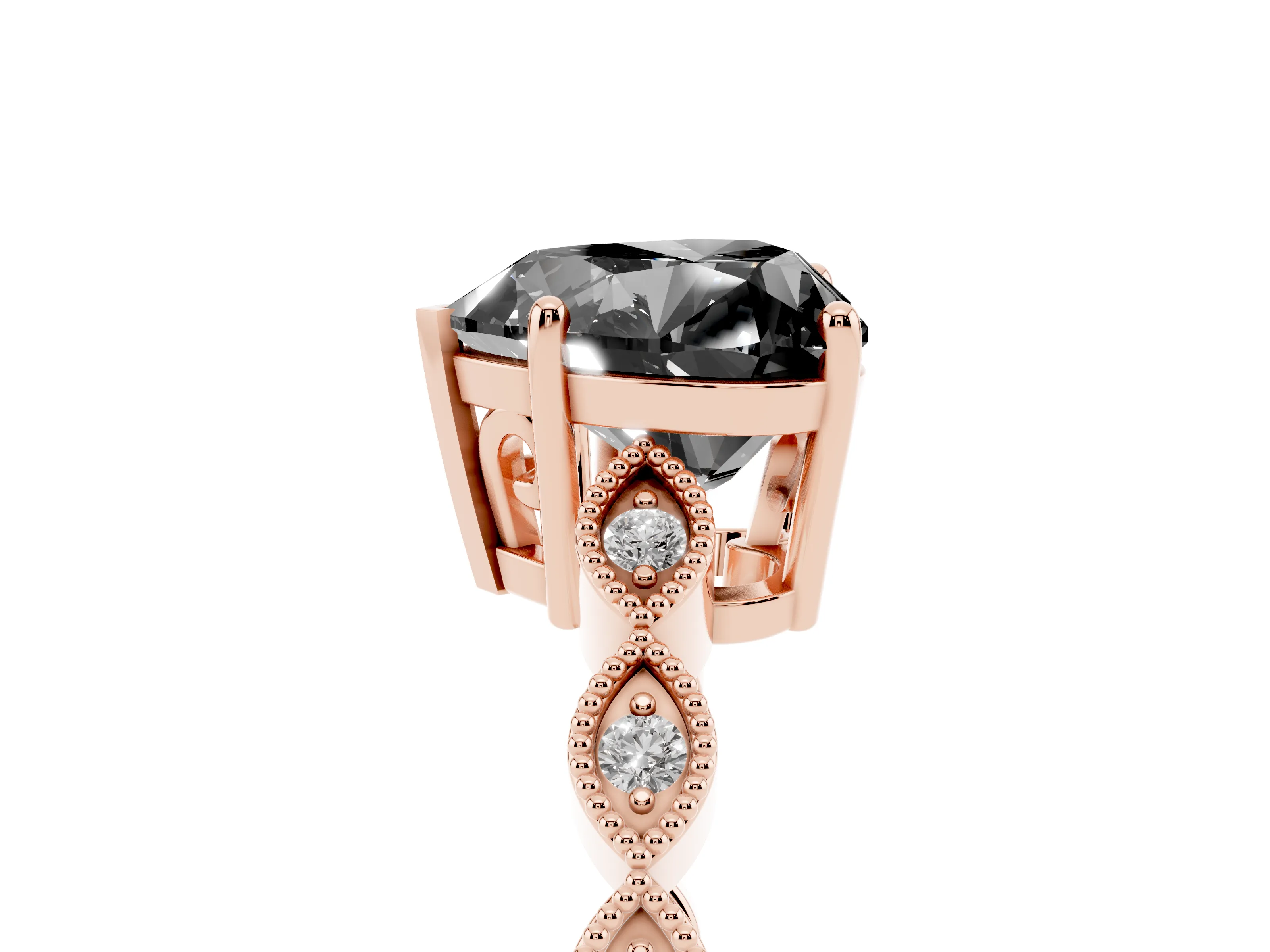 Fancy Black Heart Cut Diamond Solitaire Ring Set in Rose gold with Infinity Twist Pavé Band