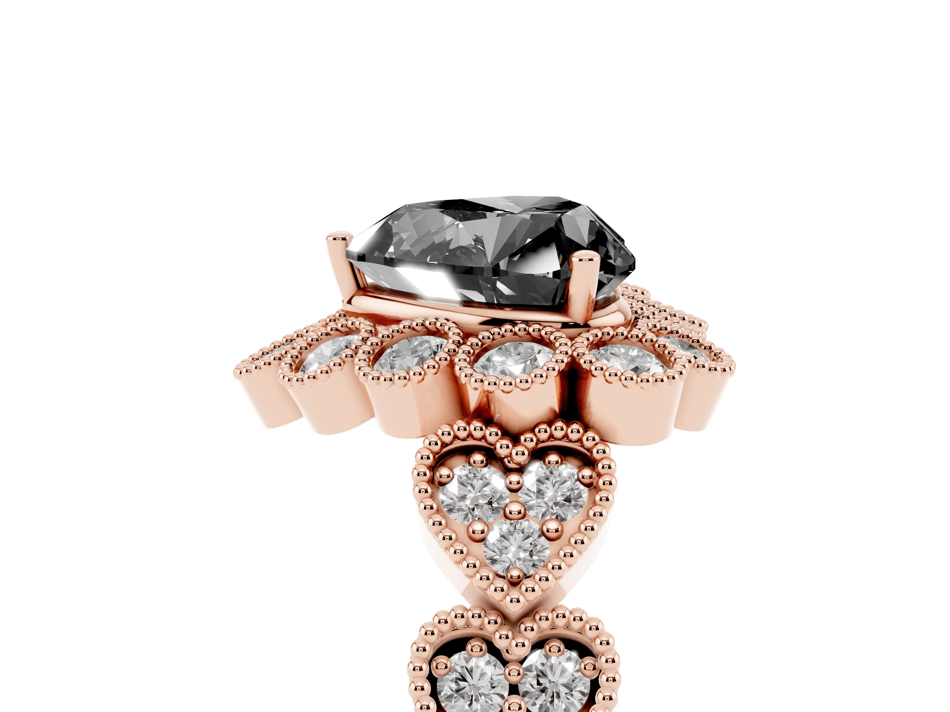 Fancy Black Heart Cut Diamond Solitaire Ring Set in Rose gold with Milgrain Pavé Heart Band
