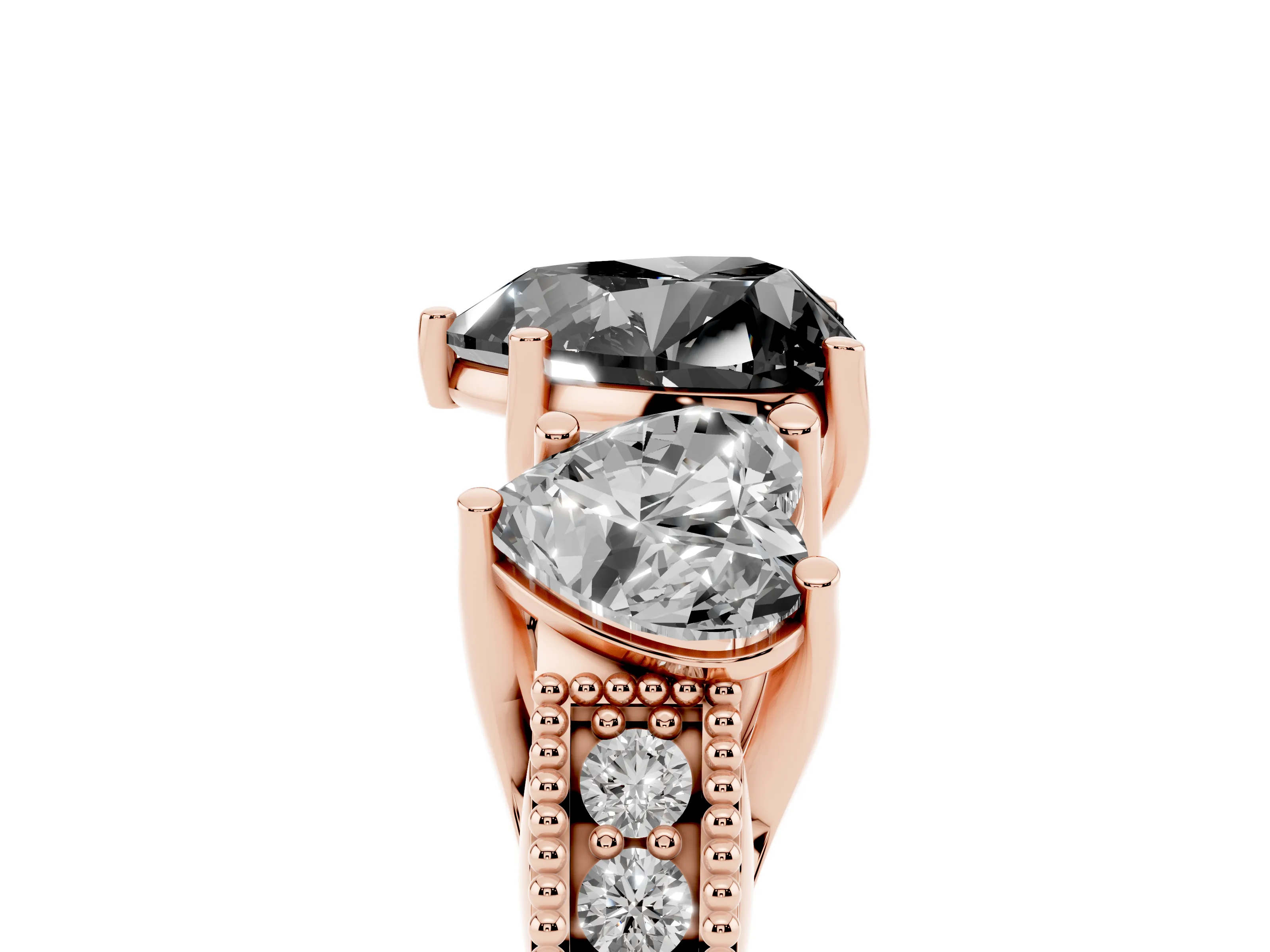 Fancy Black Heart Cut Diamond Three-Stone Engagement Ring Set in Rose gold with Milgrain Pavé Band