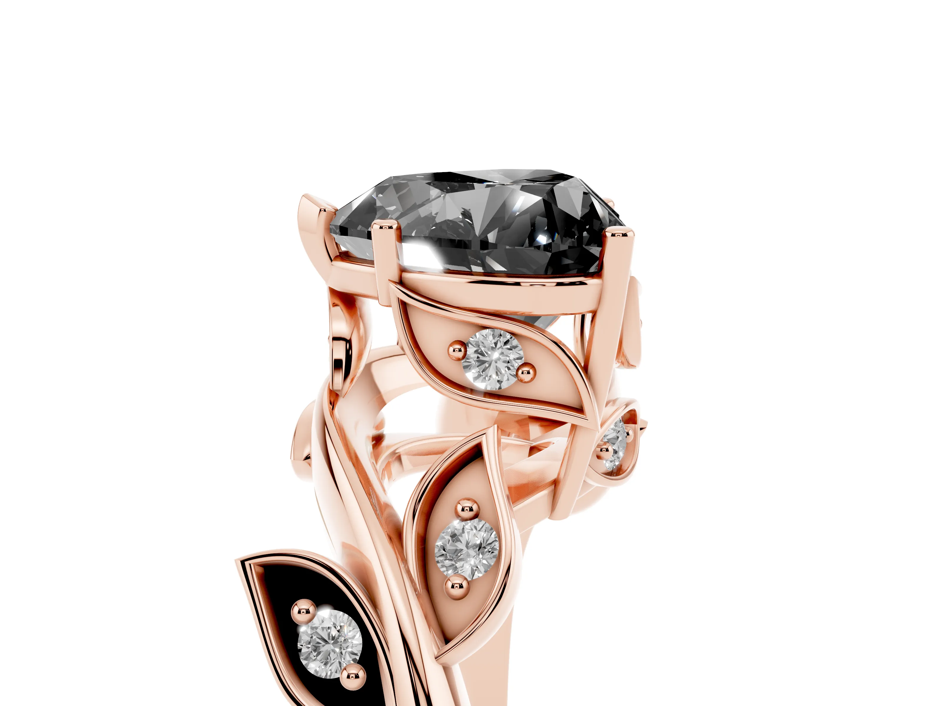 Fancy Black Heart Cut Diamond Solitaire Twist Engagement Ring Set in Rose gold with Pavé Leaf Accents