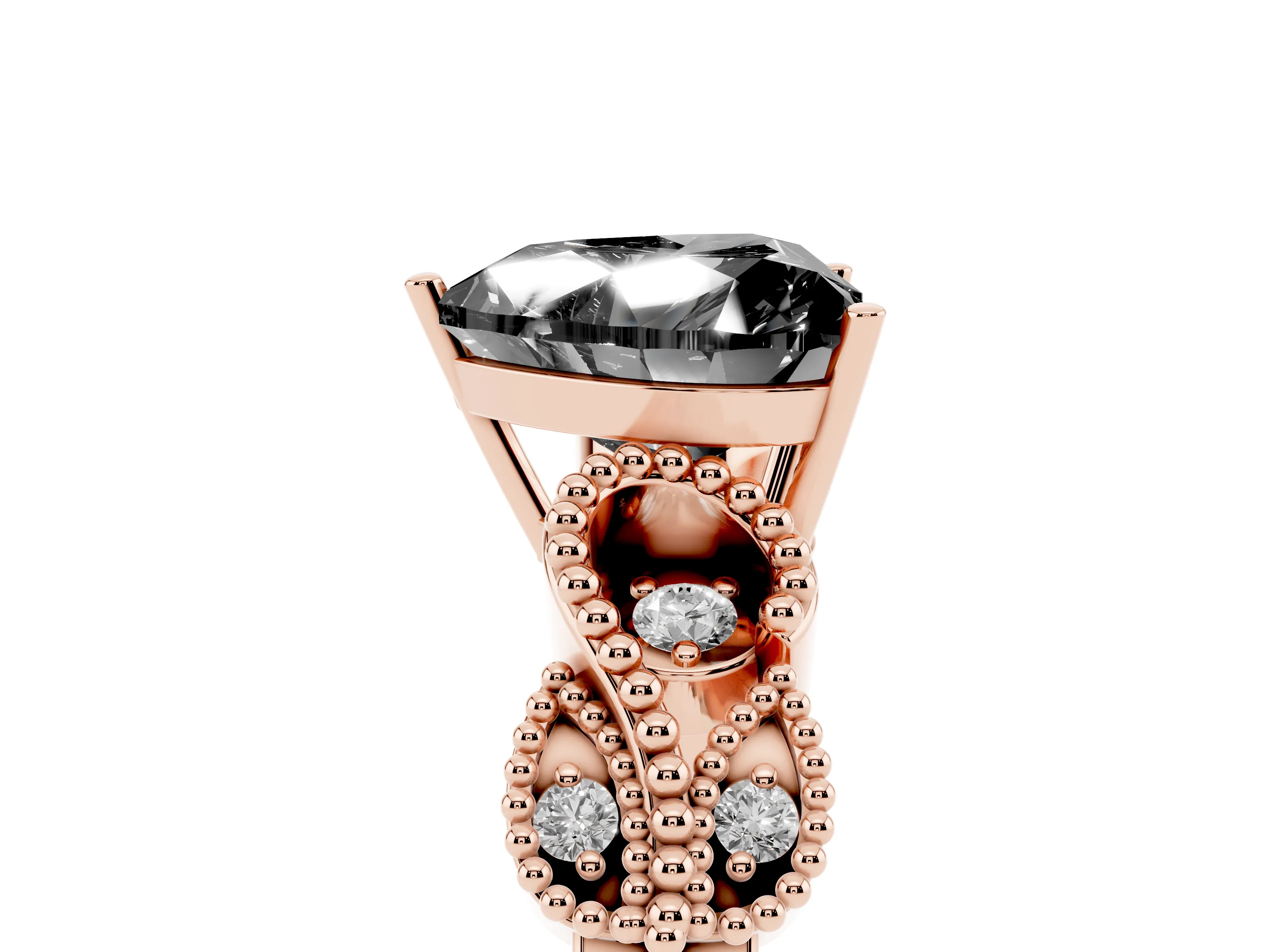 Fancy Black Heart Cut Diamond Milgrain Leaf Band Solitaire Ring Set in Rose gold with Accent Stones and Prong Setting
