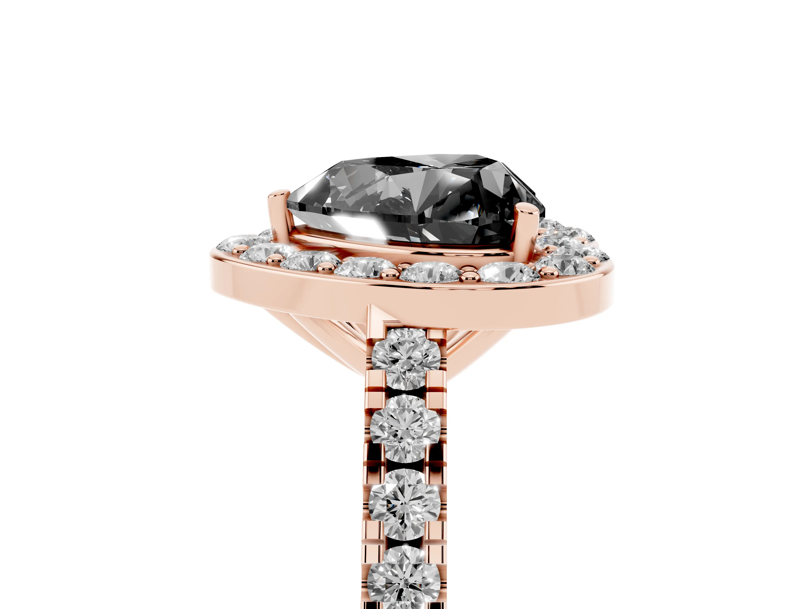 Fancy Black Heart Cut Diamond Halo Ring Set in Rose gold with Round Pavé Split Shank and Prong Setting