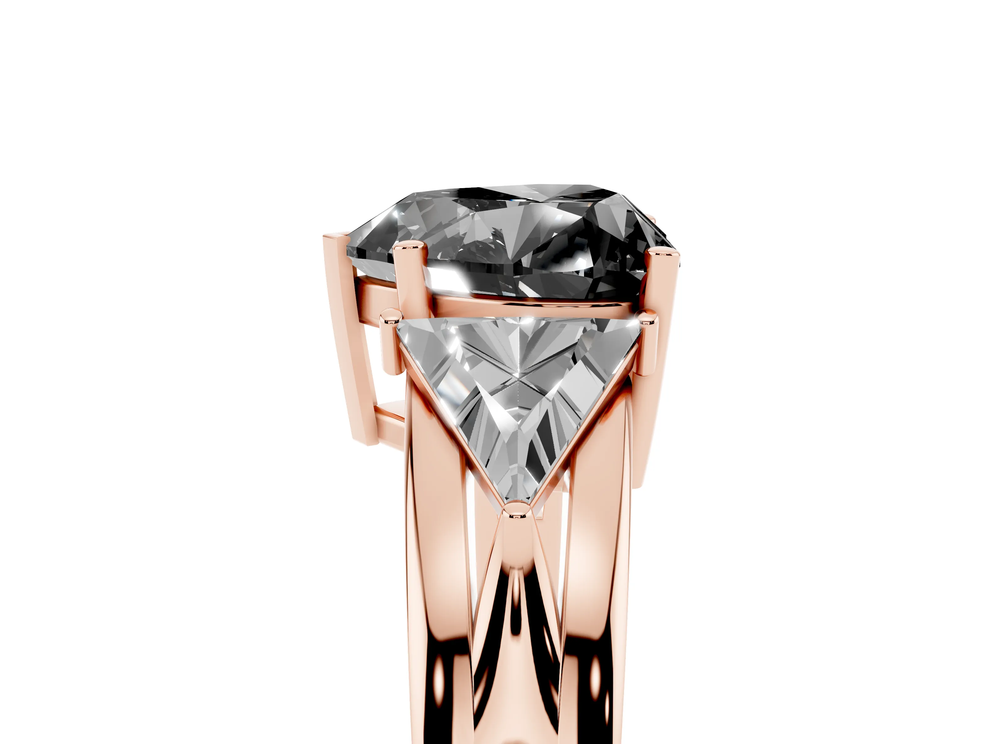 Fancy Black Heart Cut Diamond Three-Stone Ring Set in Rose gold with Trillion Side Stones and Split Shank