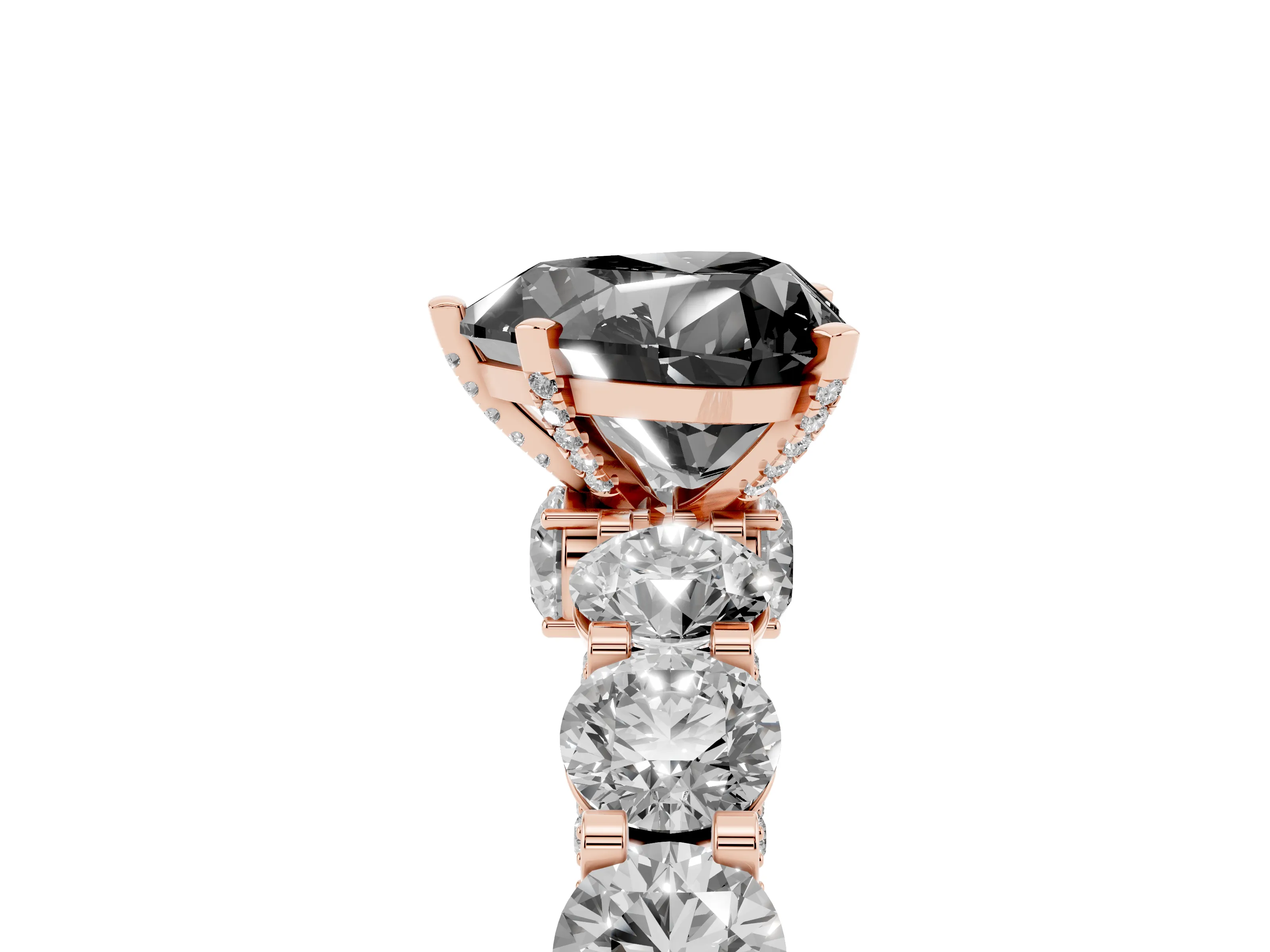 Fancy Black Heart Cut Diamond Side Stone Ring Set in Rose gold with Alternating Round and Oval Side Stones