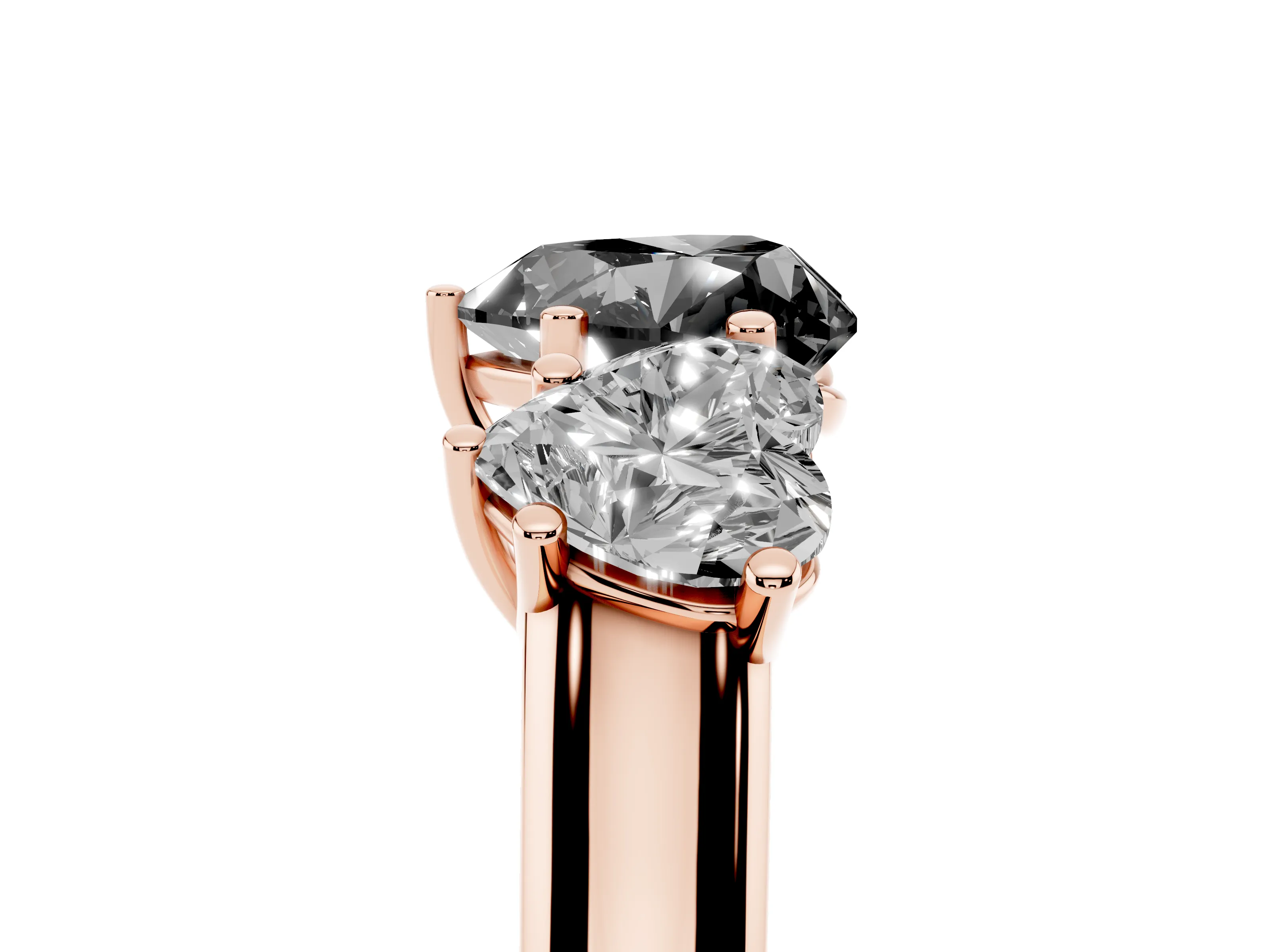Fancy Black Heart Cut Diamond Three-Stone Ring Set in Rose gold with Plain Polished Band