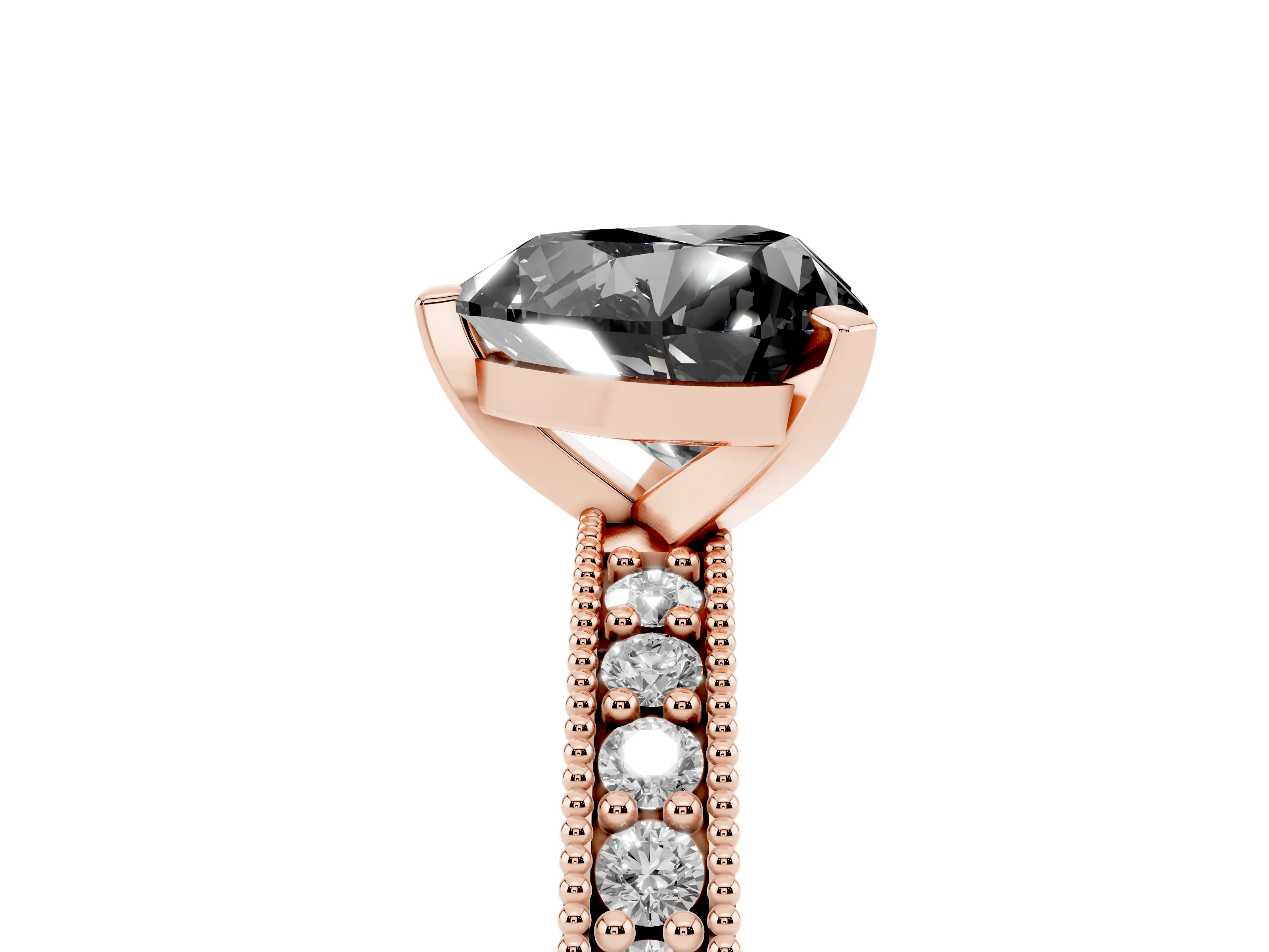 Fancy Black Heart Cut Diamond Milgrain Pavé Engagement Ring Set in Rose gold with Prong Setting