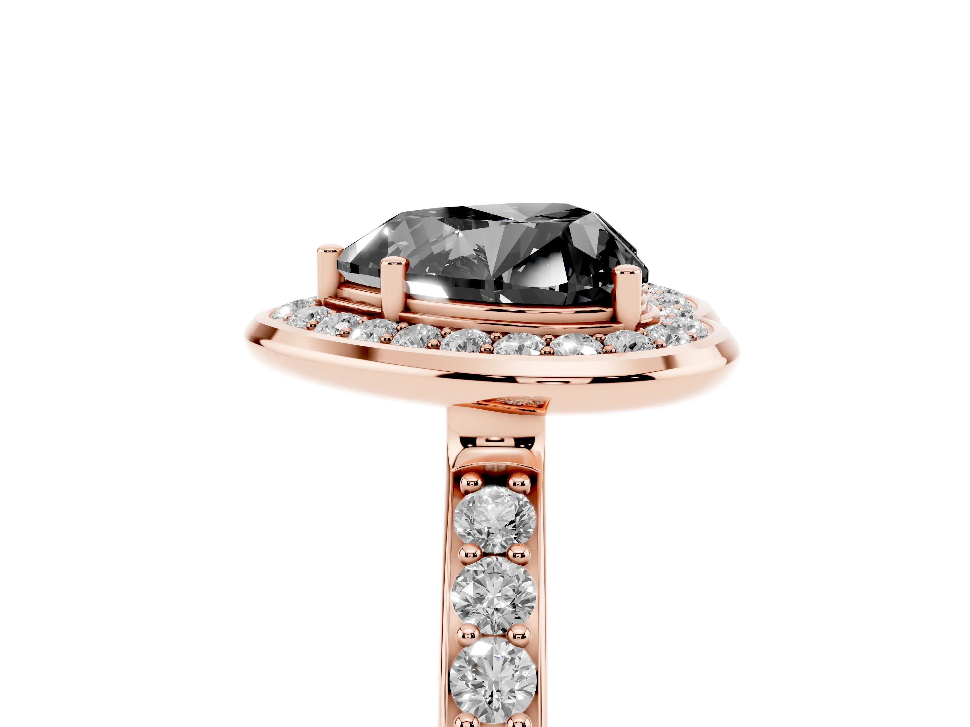 Fancy Black Heart Cut Diamond Halo Ring Set in Rose gold with Bezel Frame and Pavé Band
