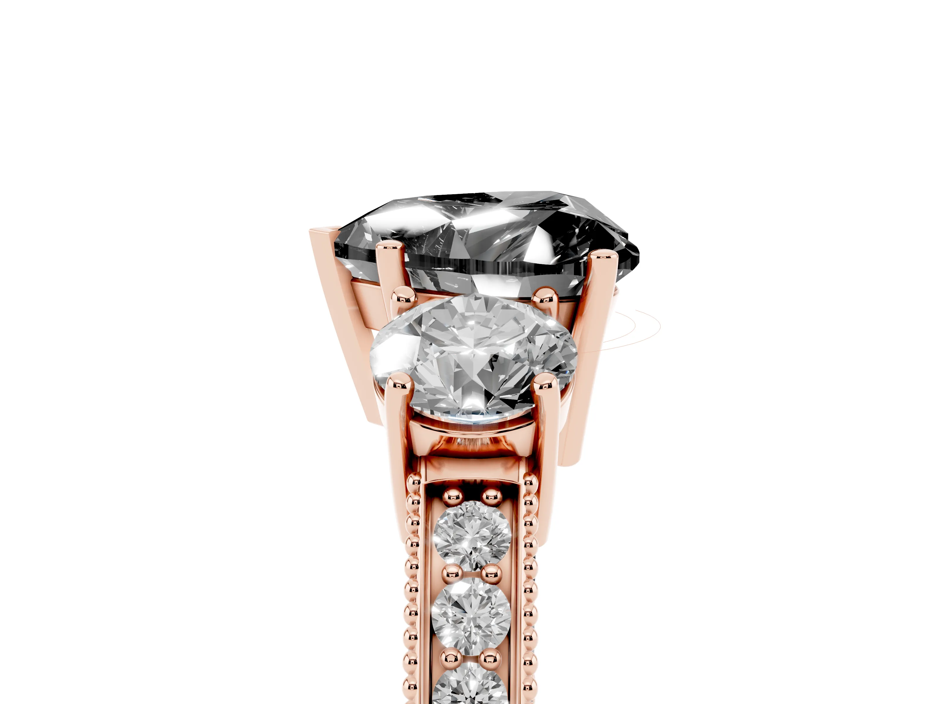 Fancy Black Heart Cut Diamond Three-Stone Ring Set in Rose gold with Round Side Stones and Pavé Band